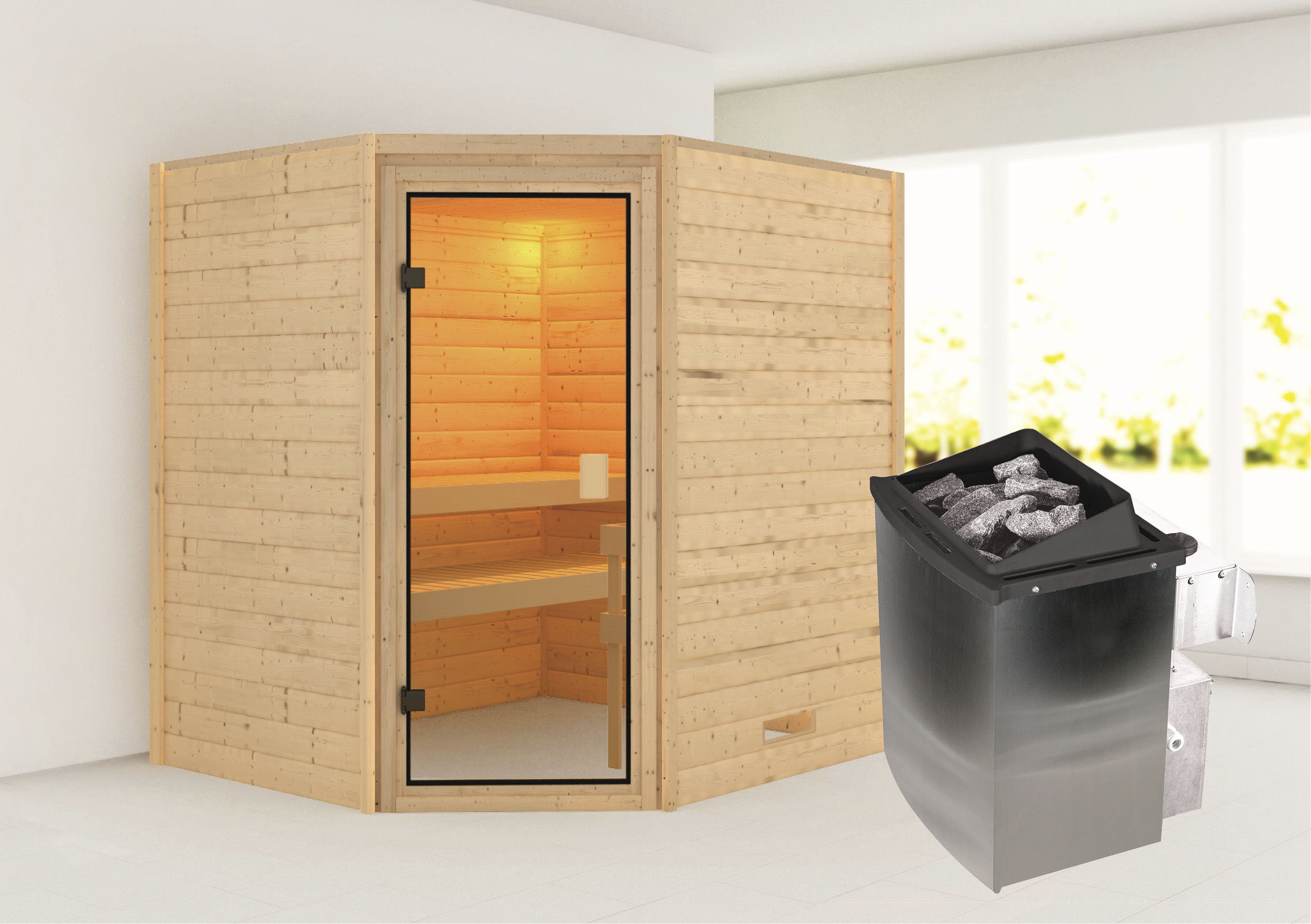 Sauna KARIBU "Mia (Fronteinstieg)", beige (naturbelassen), (ohne Ofen), Saunen, Ofen 9 kW integr. Strg