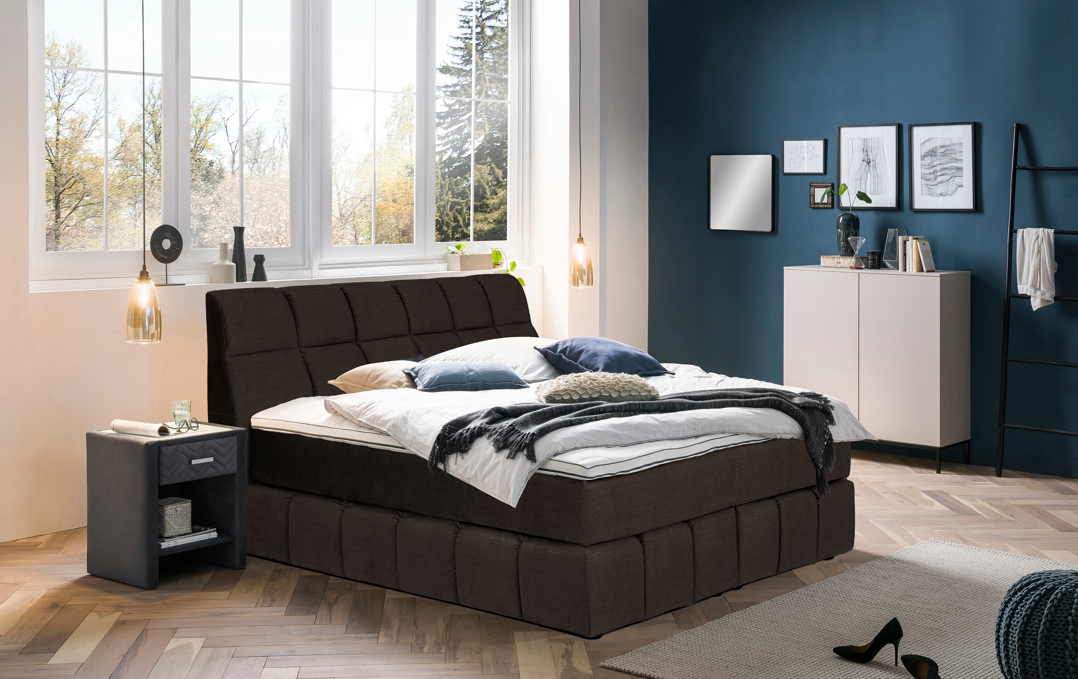 Boxspringbett HOME AFFAIRE "Paxton", braun (espresso), Flachgewebe LEINENOPTIK Polyester Topper Basic, Liegefläche B/L: 160cm x 200cm Betthöhe: 55cm, Gewicht bis: 120 kg + 120 kg H4 + H4, 7-Zonen-Taschen-Federkernmatratze, Komplettbetten,... Image