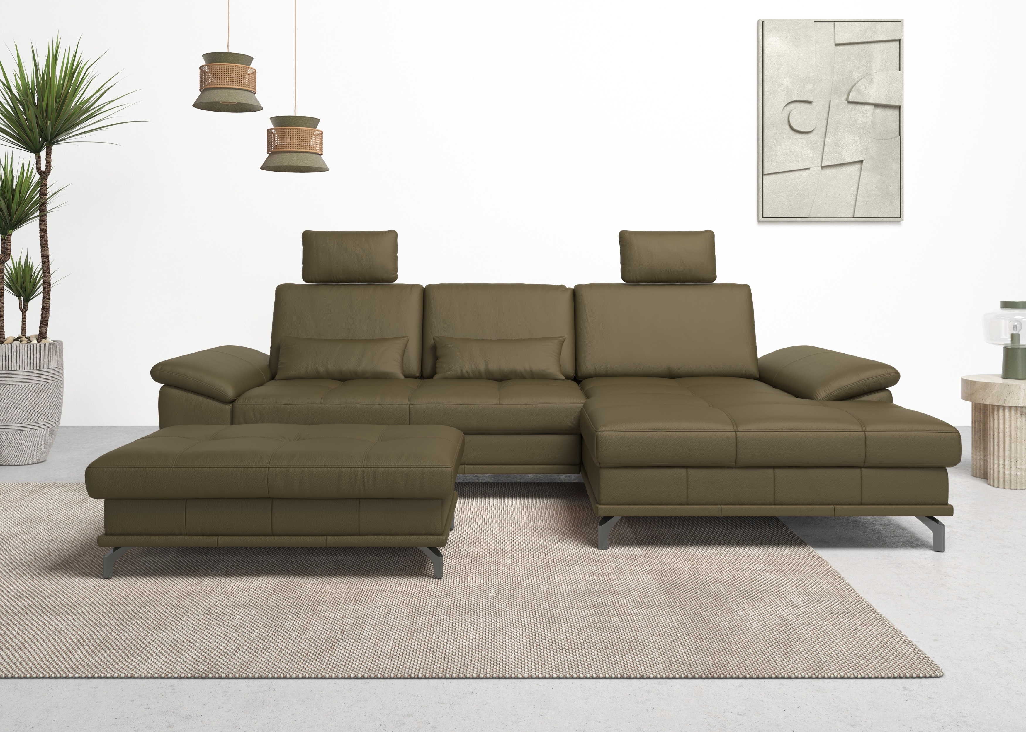 Ecksofa PLACES OF STYLE "Costello L-Form, B: 301 cm mit Sitztiefen-, Armteilverstellung &", grün (olive), B:301cm H:89cm T:176cm, Luxus-Microfaser (90% Polyester, 10% Polyamid);Samtoptik (100% Polyester), Sofas, 3 Nierenkissen, optional Bettfunktion... Image