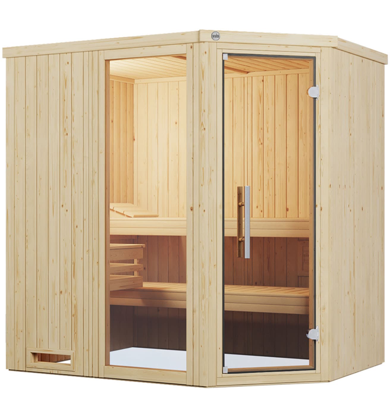 Sauna WEKA "Element-Ecksauna VARBERG 1", beige (natur), Bio-Ofen, externe Steuerung, 4,5 kW, Saunen, vorgefertigte Elemente, Fensterelement, moderne Ganzglastür