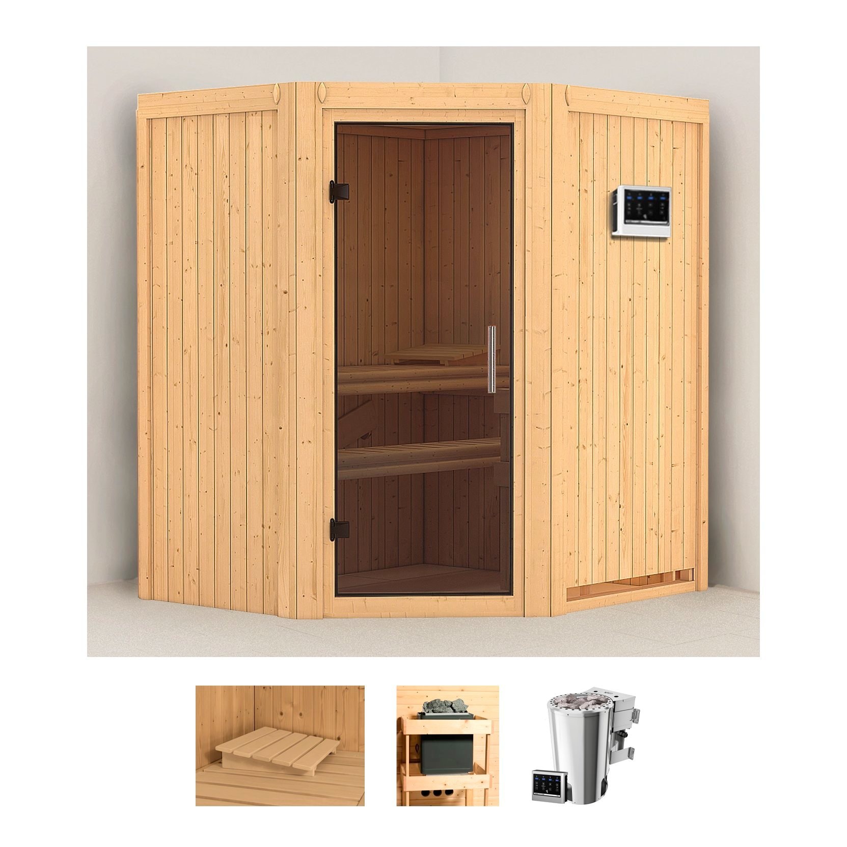 Sauna KARIBU "Tomke", beige (naturbelassen), Bio-Kombiofen, externe Steuerung, 3,6 kW, Saunen, 3,6-kW-Bio-Plug & Play Ofen mit externer Steuerung Image
