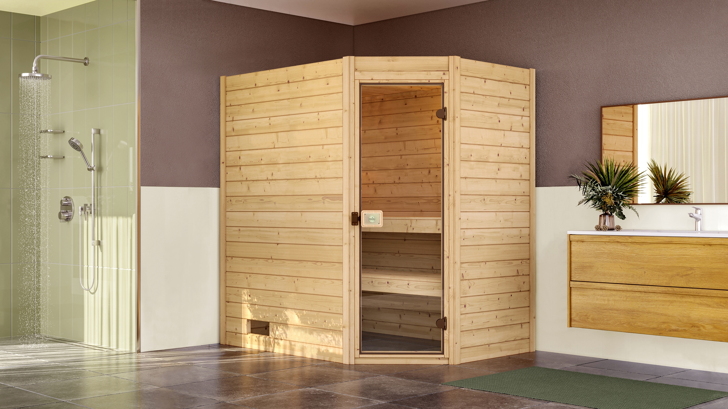 Sauna WEKA "Massivholzsauna VALIDA Eck 1", beige (natur), Saunaofen, externe Steuerung, 4,5 kW, Saunen, Blockbohlen, moderne Ganzglastür