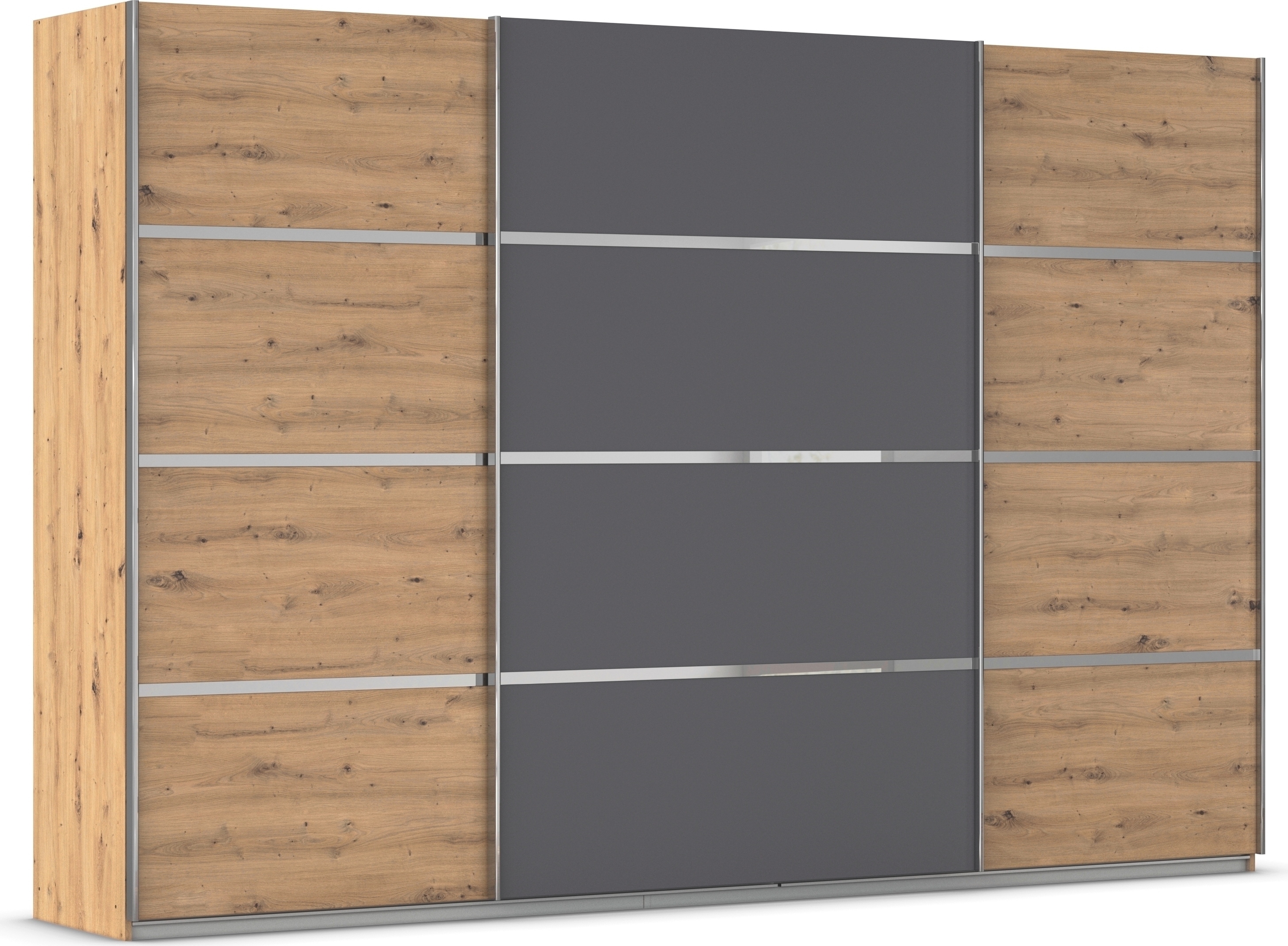 Kleiderschrank RAUCH "Schwebetürenschrank OTTO´s Choice Garderobe Schrank TOP ANGEBOT Avola", grau (eiche artisan, graumetallic, leisten chrom), B:315cm H:210cm T:62cm, Holzwerkstoff, Schränke, mit eleganten Zierleisten in Chrom, Schwarz oder Weiß... Image