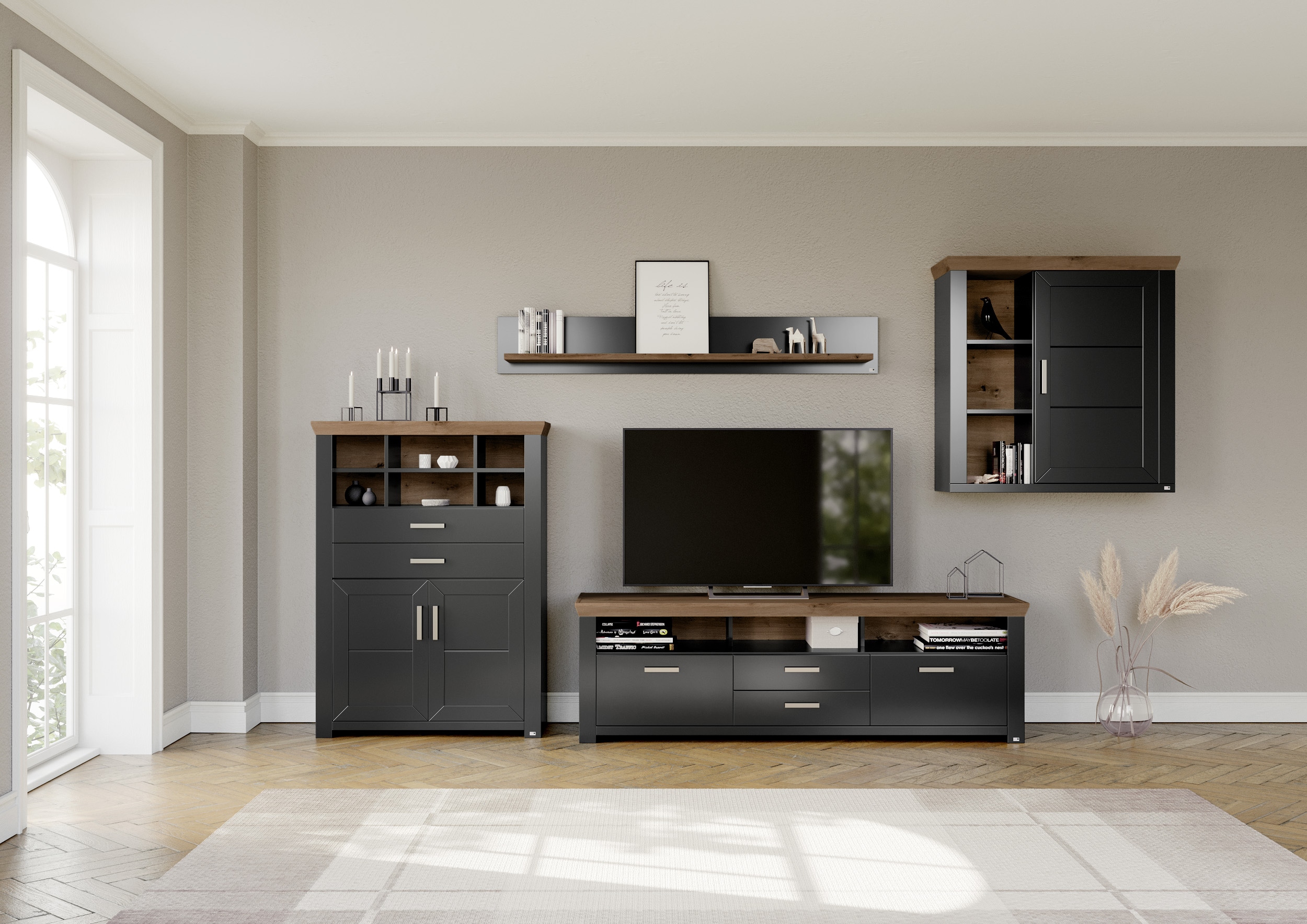 Wohnwand "York", grau (grau, eiche), B:374cm H:207cm T:51cm, MDF, SET ONE BY MUSTERRING, Kastenmöbel-Sets, Kombination 01, in 3 Farbvarianten, Gesamtbreite 374 cm