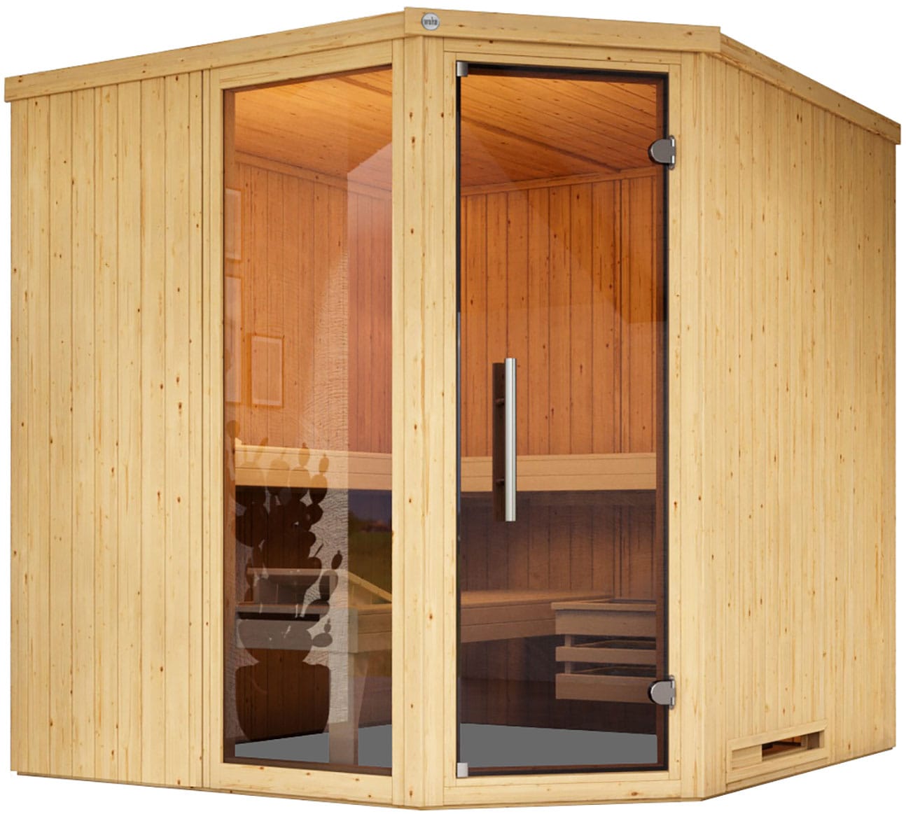 Sauna WEKA "Element-Ecksauna VARBERG 3", beige (natur), Saunaofen, integrierte Steuerung, 9 kW, Saunen, vorgefertigte Elemente, moderne Ganzglastür, bodenl. Fensterelement