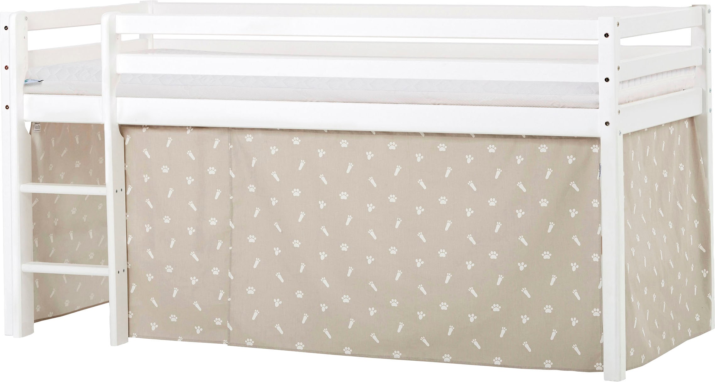 Hochbett HOPPEKIDS "ECO Dream, Kinderbett, Spielbett, Halbhohes Bett aus Massivholz", beige (weiß, pets silbergrau), B:101cm H:105cm L:208cm, Kinderbett: 100% Massivholz: Nordische Kiefer, Vorhang: 100% Baumwolle, Hochbetten, Hochbett Kinderbett,...