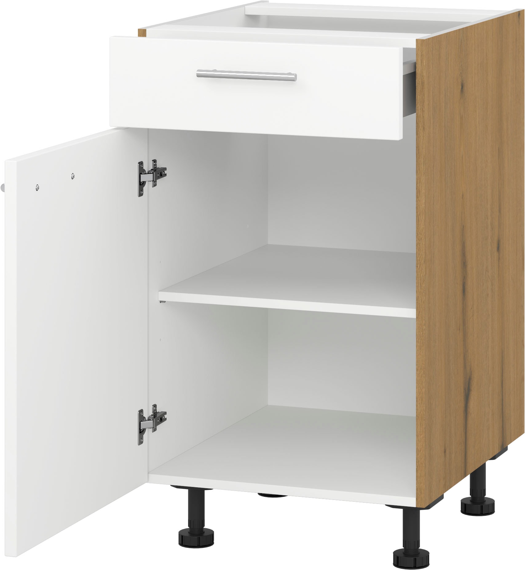 Unterschrank KOCHSTATION "KS-Scafa" mit Schubkasten und einem Einlegeböden", weiß (weiß, eiche astig), B:60cm H:75cm T:56cm, Schränke, in verschiedenen Breiten, wahlweise Türanschlag rechts oder links Image