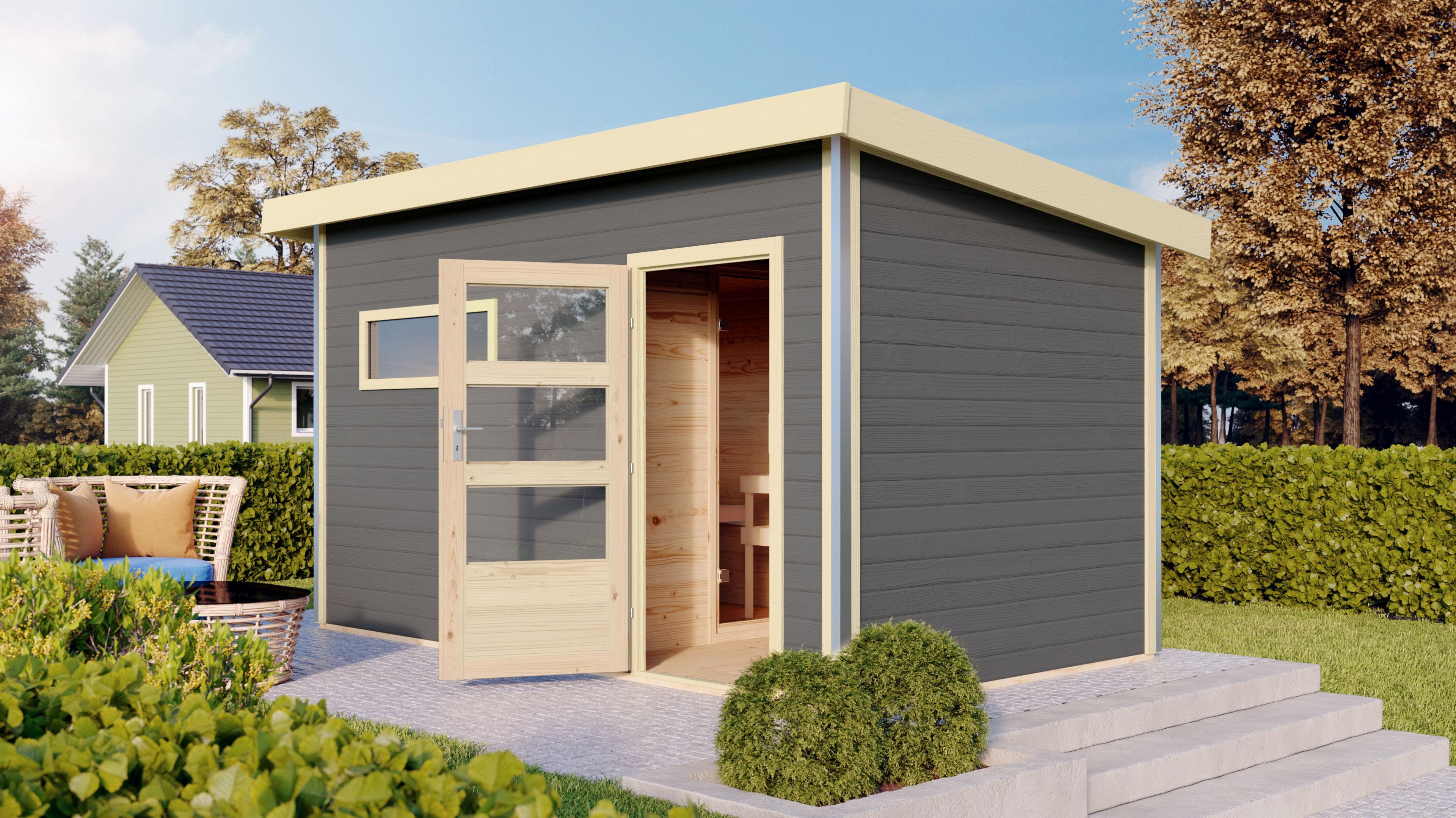 Saunahaus KARIBU "»Simon 3« mit moderner Tür, terragrau", grau (terragrau), Saunaofen, externe Steuerung, (ohne Ofen), Saunen, Mit 9 kW Ofen Bio externe Steuerung easy