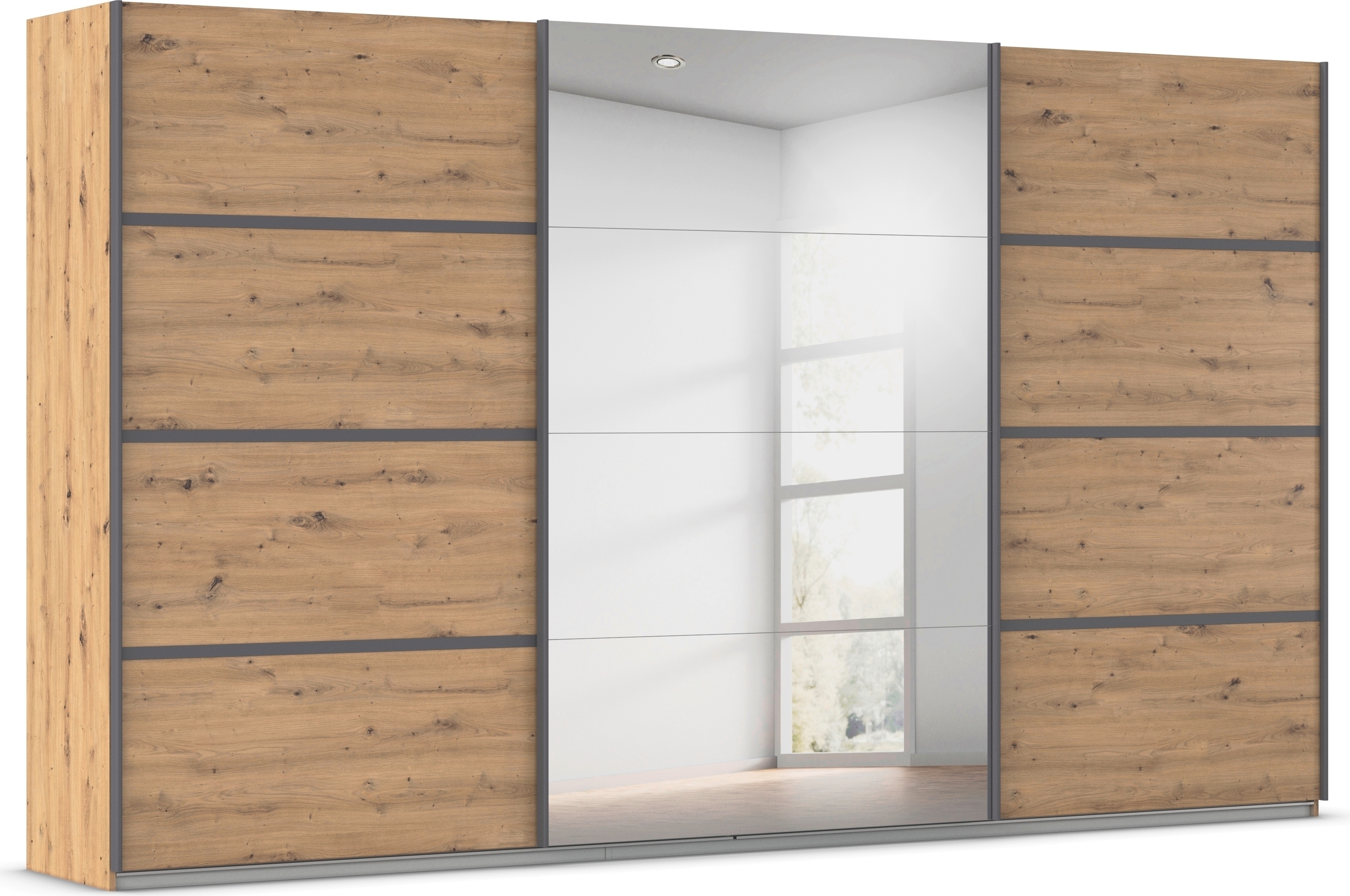 Kleiderschrank RAUCH "Schwebetürenschrank OTTO´s Choice Garderobe Schrank TOP ANGEBOT Avola", eiche artisan, leisten graumetallic, B:360cm H:210cm T:62cm, Holzwerkstoff, Schränke, mit eleganten Zierleisten in Chrom, Schwarz oder Weiß MADE IN GERMANY Image