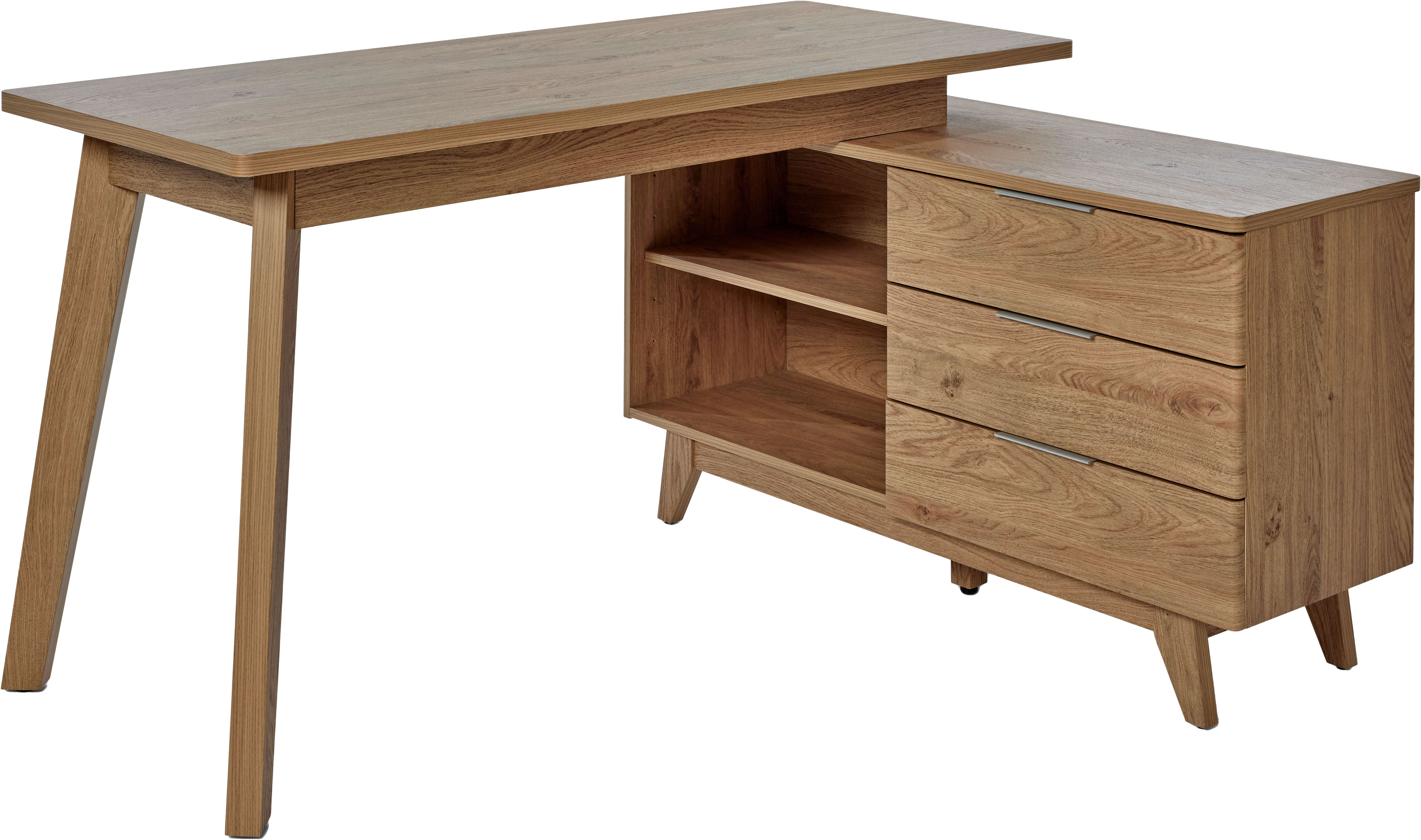 Eckschreibtisch JAHNKE "LIBRE D 240 E", braun (montana eiche, montana eiche, montana eiche), B:140cm H:76,1cm T:118cm, Tische, wechselseitig montierbar, Breite ca. 140 cm