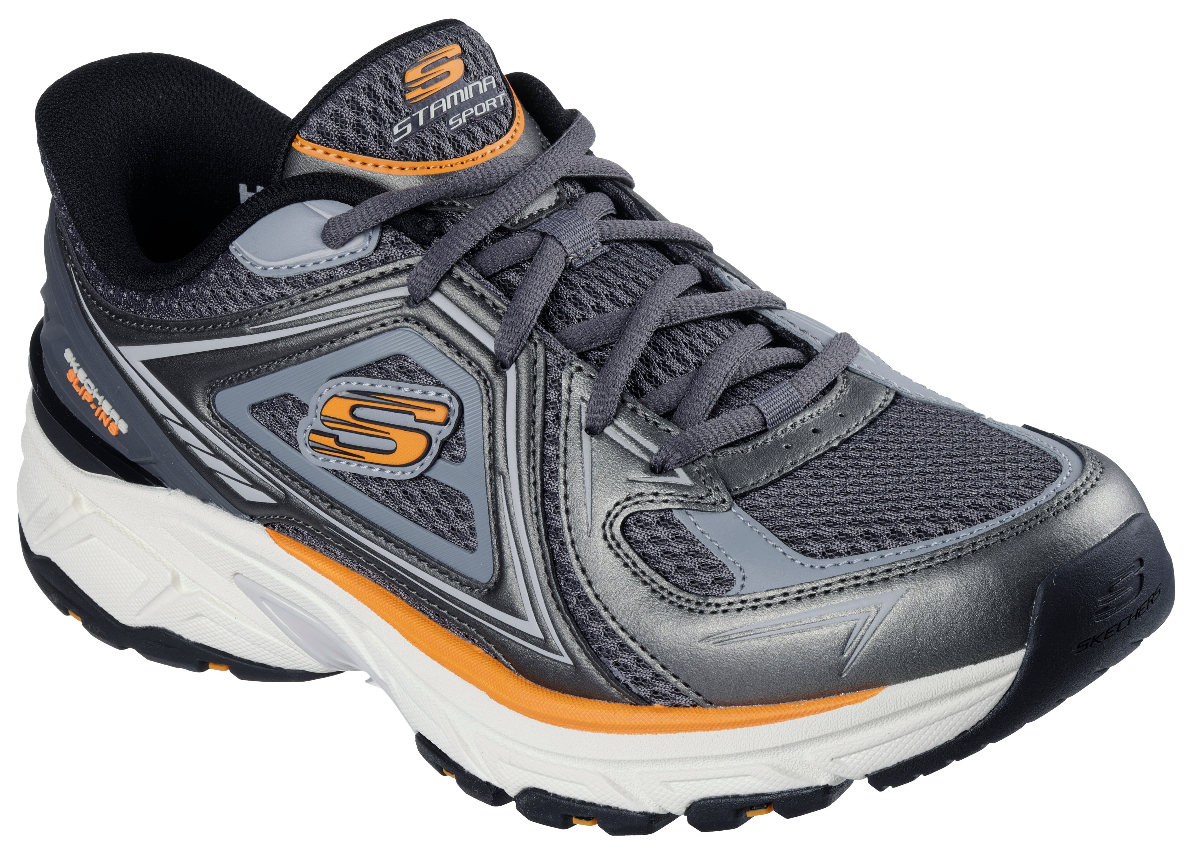 Slip-On Sneaker SKECHERS "STAMINA SPORT", Herren, Gr. 44, grau (dunkelgrau), Leder, Mesh, Schuhe, Trainingsschuh, Retro Sneaker mit Slip-ins