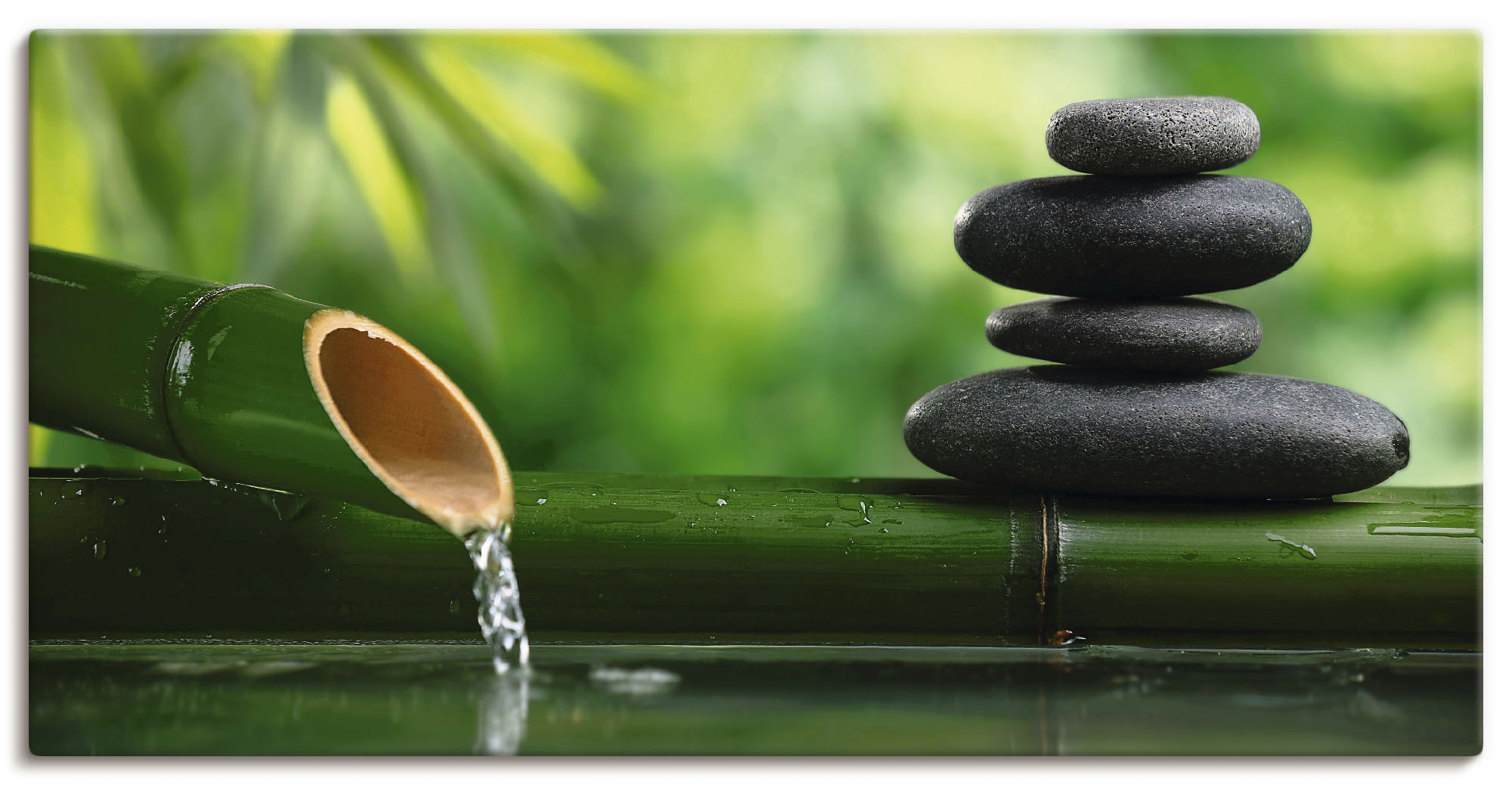 Leinwandbild ARTLAND "Bambusbrunnen und Zen-Stein", grün (farbe bild(er): grün), B:60cm H:30cm, Bilder, als Alubild, Outdoorbild, Leinwandbild, Poster, Wandaufkleber