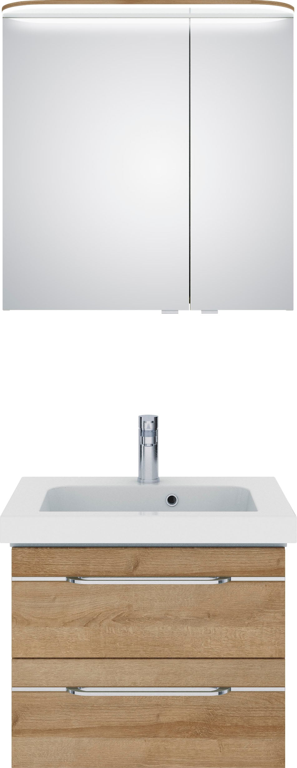 Badmöbel-Set SAPHIR "Balto Sprint 2-teilig, Mineralmarmor-Waschtisch mit LED-Spiegelschrank", braun (riviera eiche quer nachbildung), B:70cm H:200cm T:46cm, Spanplatte, Kastenmöbel-Sets, Badezimmer Set inkl. Türdämpfer, 70 cm breit, 2 Türen, 2... Image