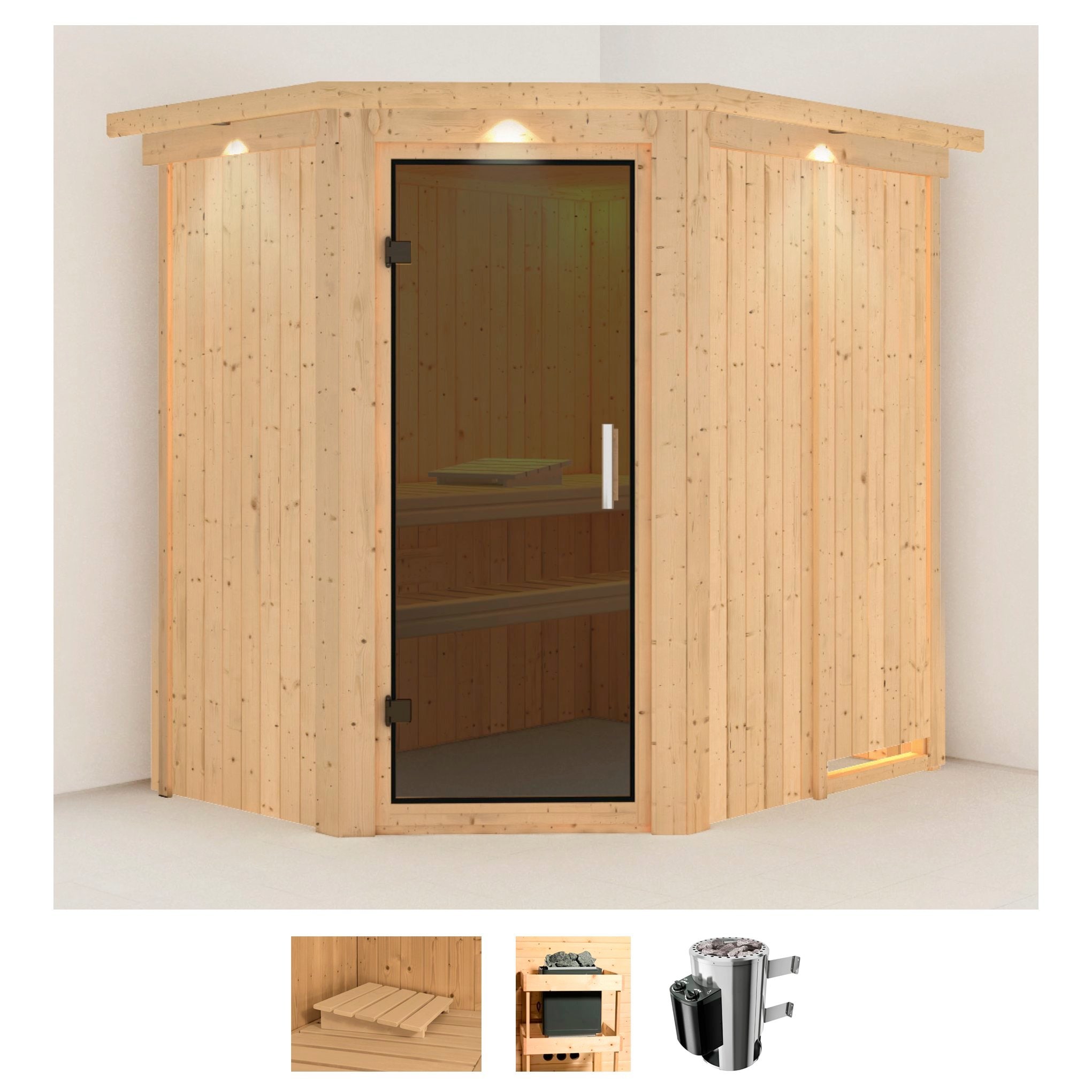 Sauna KARIBU "Swantje", beige (naturbelassen), Saunaofen, integrierte Steuerung, 3,6 kW, Saunen, 3,6-kW-Plug & Play Ofen mit integrierter Steuerung Image