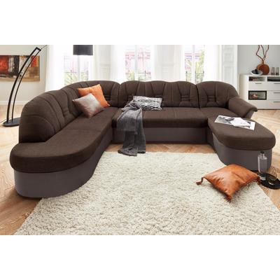 Wohnlandschaft DOMO COLLECTION "Elva, zeitlose Formensprache, elegante Rückensteppung, U-Form", braun (mokka, braun), B:293cm H:84cm T:82cm, (geprägte) Luxus-Microfaser (100% Polyester), Kunstleder SOFTLUX / Struktur (100% Polyester), Microfaser... Image