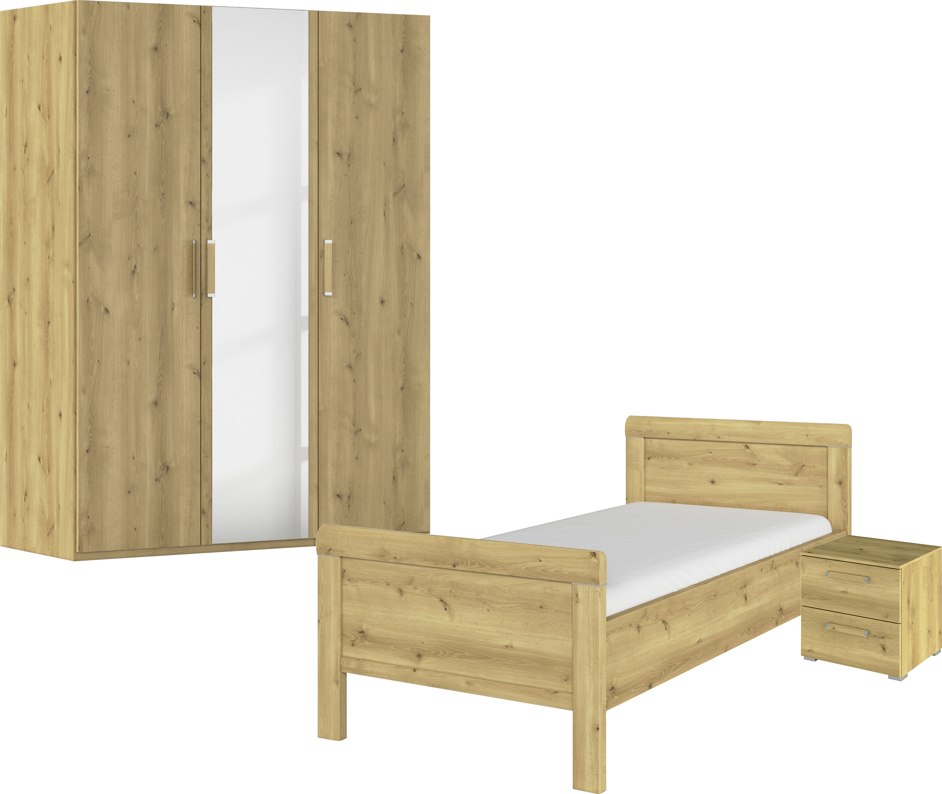 Schlafzimmer-Set RAUCH "Komplettschlafzimmer Schlafzimmer EVELYN", braun (asteiche), Bett 100x200cm + ohne Matratze, B/H: 100cm x 200cm, Bett 100x200cm, Holzwerkstoff, Schlafzimmermöbel-Sets, Schrank und Bett in 2 Breiten, Nachttisch 2 Schubladen... Image
