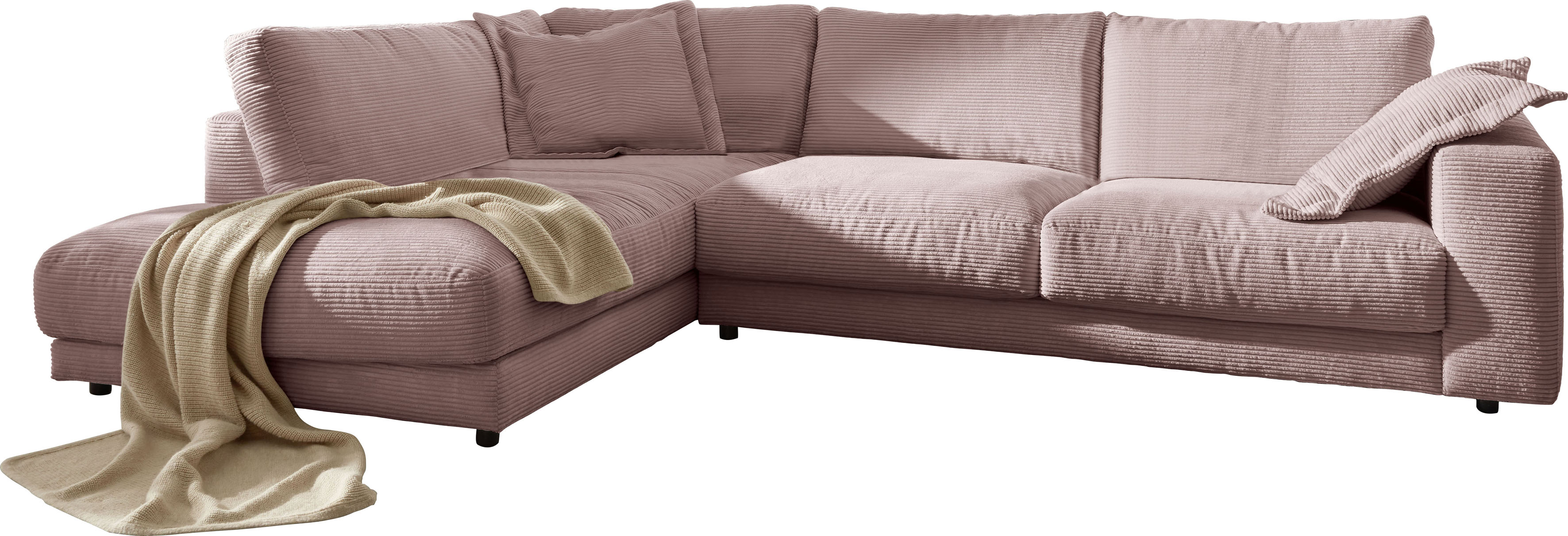 Ecksofa PLACES OF STYLE "Enisa XXL B/T/H: 325/224/85 cm L-Form", rosa (rosé), B:325cm, Cord (88% Polyester / 12% Polyacryl), Sofas, Kuschelig, gemütlich, in 5 Farben, Bezug in Cord, mit 2 Zierkissen Image