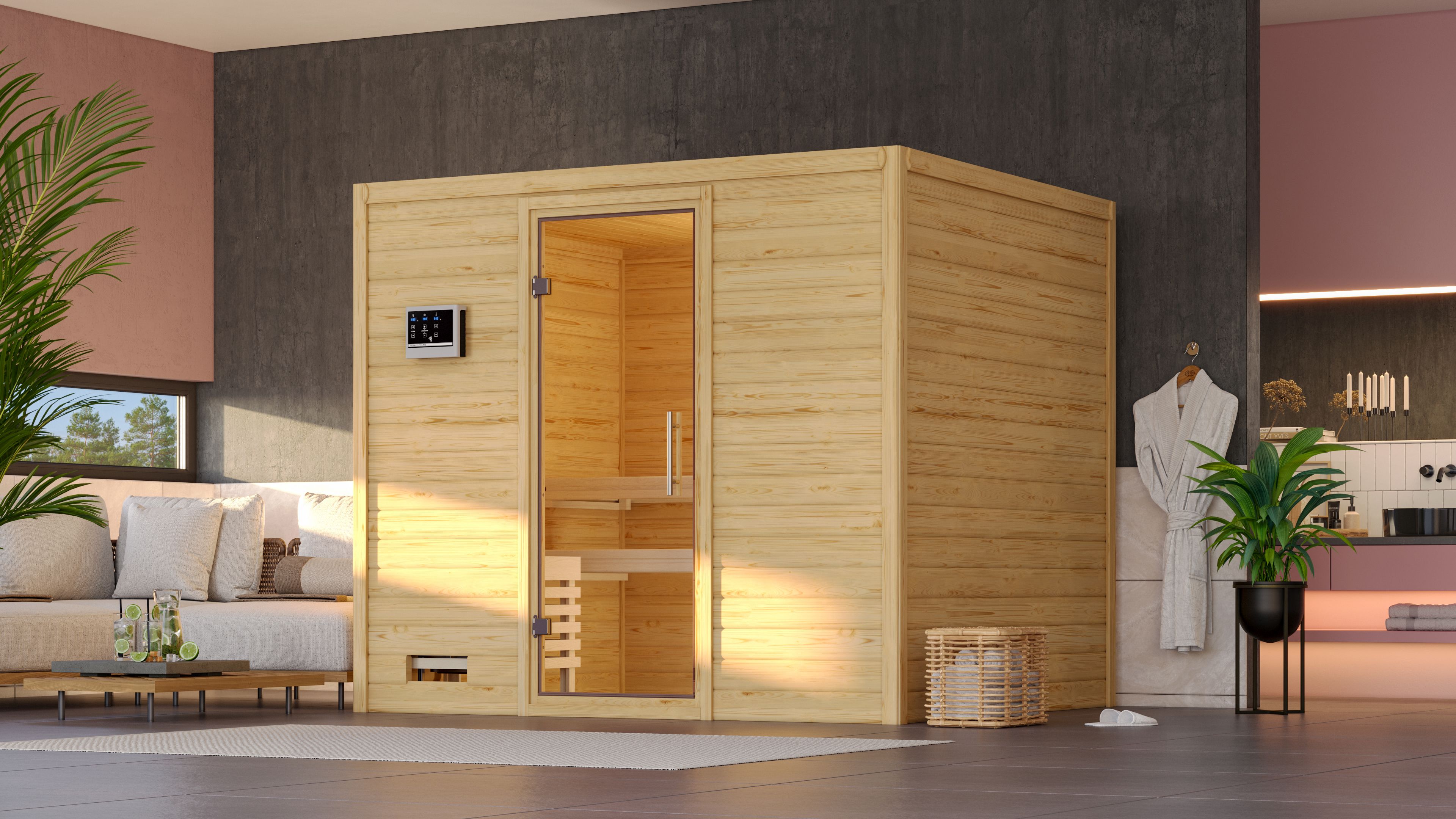 Sauna KARIBU "Soraja", beige (naturbelassen), Saunaofen, integrierte Steuerung, 9 kW, Saunen, 9-kW-Ofen mit integrierter Steuerung Image
