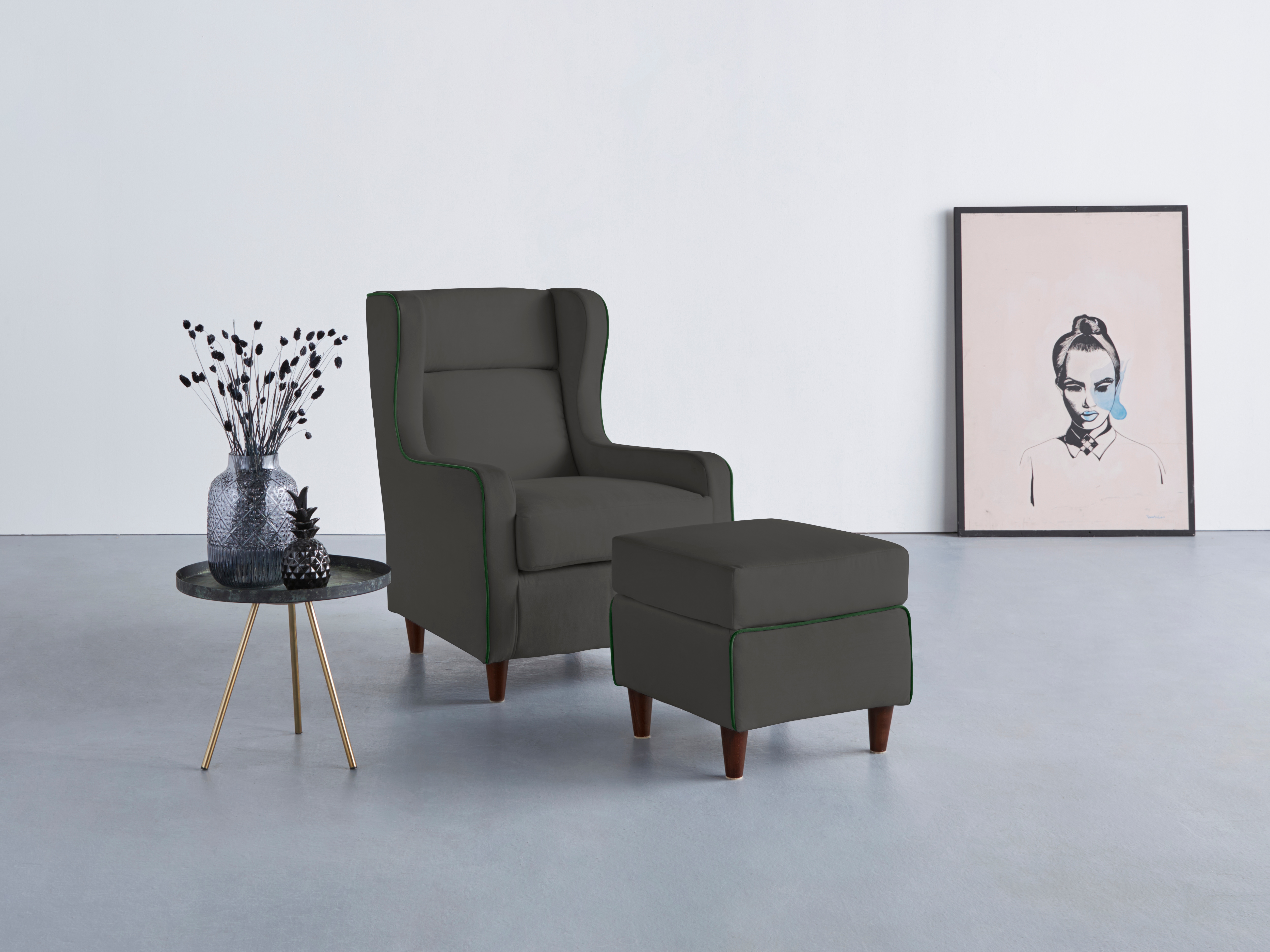 Ohrensessel HOME AFFAIRE "Rhada", grau (anthrazit), B:73cm H:99cm T:85cm, 100% Polyester, Sessel, Ohrensessel, mit farblich abgesetztem Keder, B/T/H: 73/85/99 cm