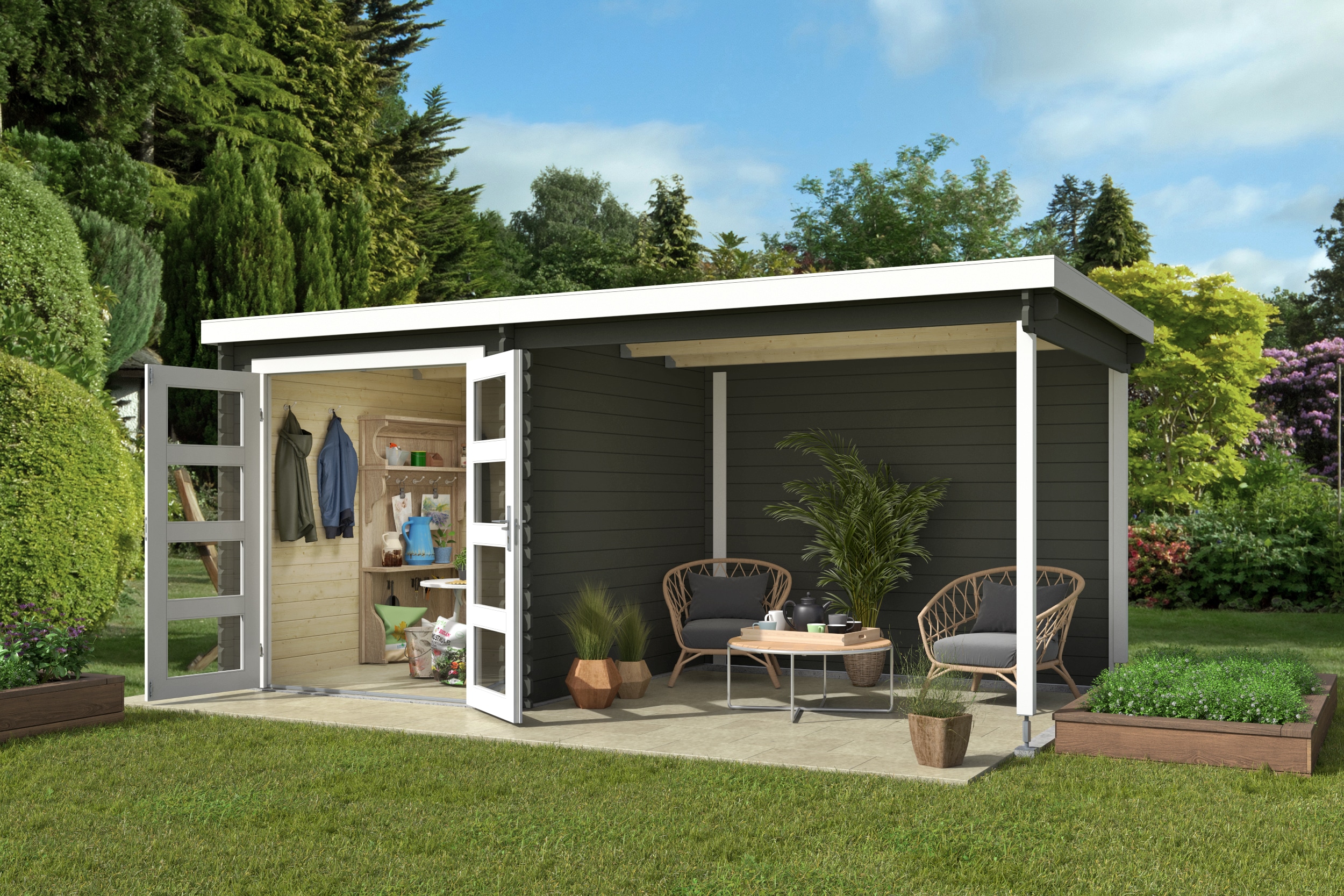 Gartenhaus NORDIC HOLZ "Long Beach", grün (grüngrau), ohne Fußboden, Rückwand, Massivholzdach, Holz, Gartenhäuser, Gartenhaus