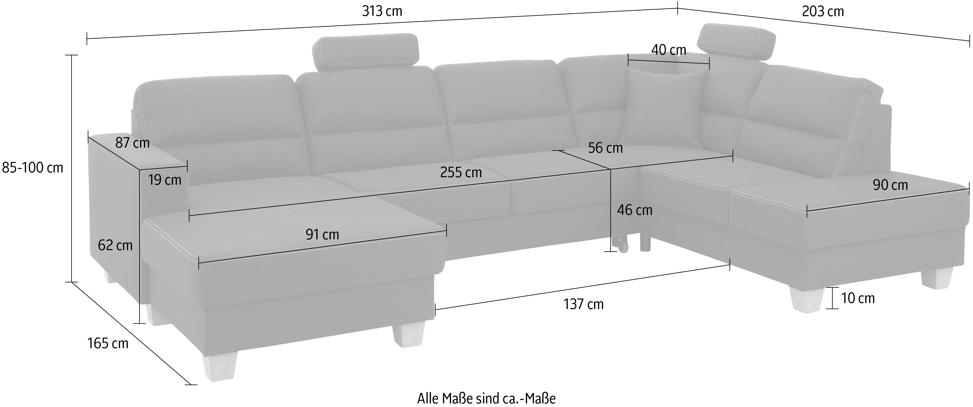Wohnlandschaft HOME AFFAIRE "Navan, komfortabel mit viel Platz, U-Form", beige, B:313cm H:100cm, Sofas, Wohnlandschaft, wahlweise mit Bettfunktion und Kopfstütze