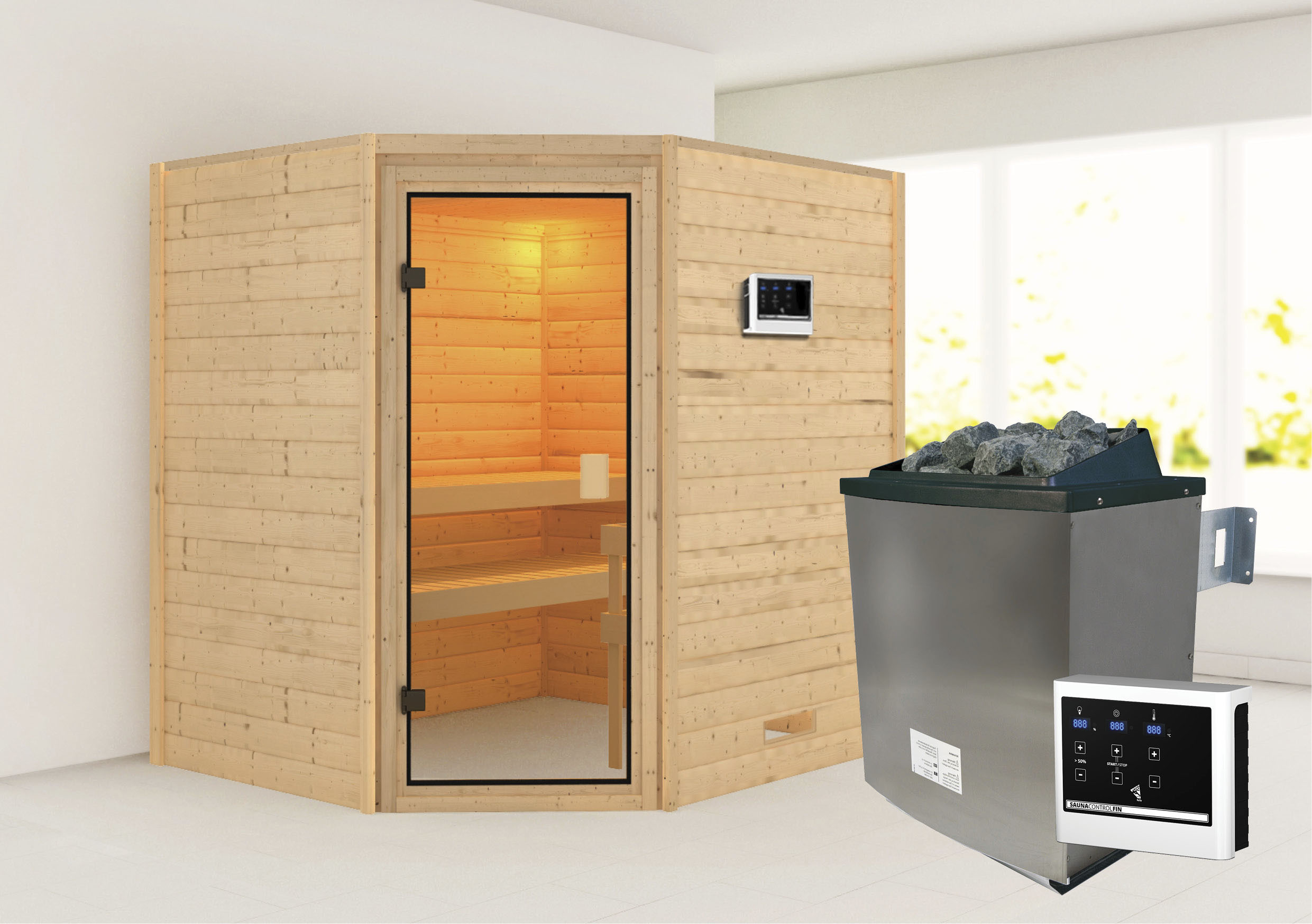 Sauna KARIBU "Mia (Fronteinstieg)", beige (naturbelassen), (ohne Ofen), Saunen, Ofen 9 KW externe Strg easy