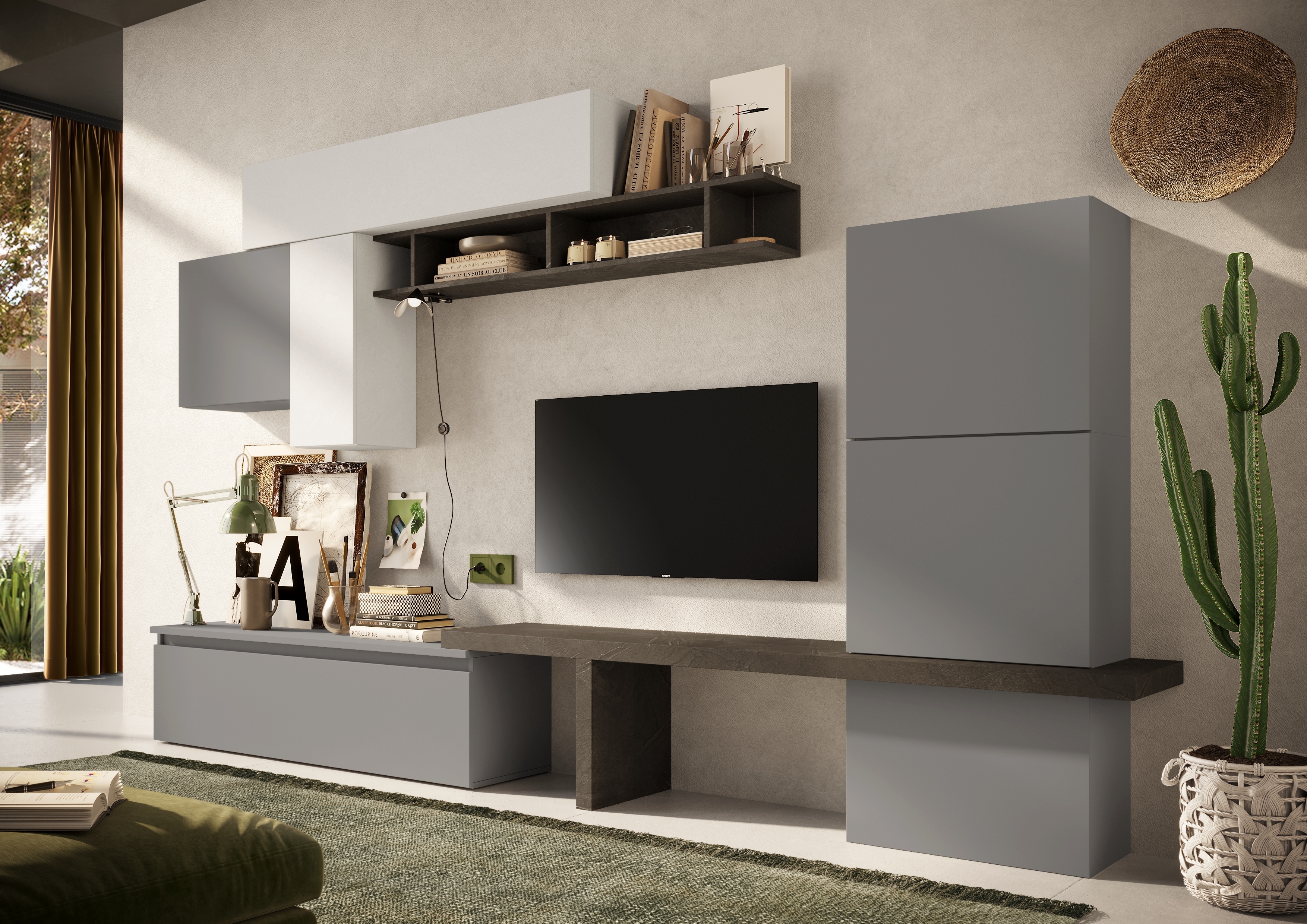 Wohnwand INOSIGN "Infinity, 9tlg. Breite 295 cm, Höhe variabel, Schrankwand, (Lowboard,9", grau (steingrau (ardesia), kreidegrau (gesso), bleigrau (piombo)), B:295cm H:192cm T:40cm, Kastenmöbel-Sets, Wohnwand, T-Boden/Würfel-Element, 3x Hängewürfel,...