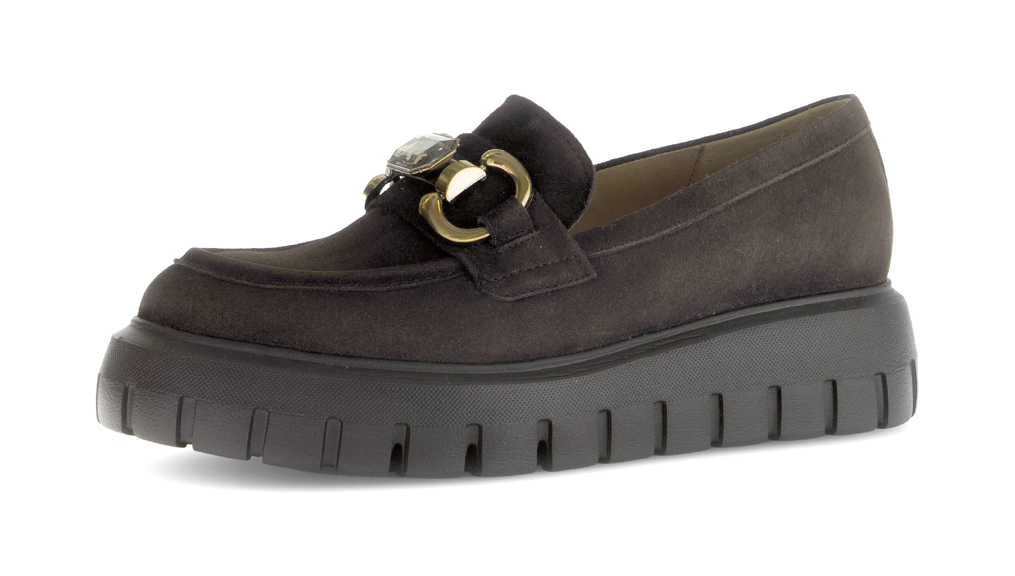 Loafer GABOR, Damen, Gr. 37, braun (dunkelbraun), Ziegenveloursleder, unifarben, Schuhe Loafer, Plateau, Slipper, Businessschuh mit Zierschnalle und Schmuckstein