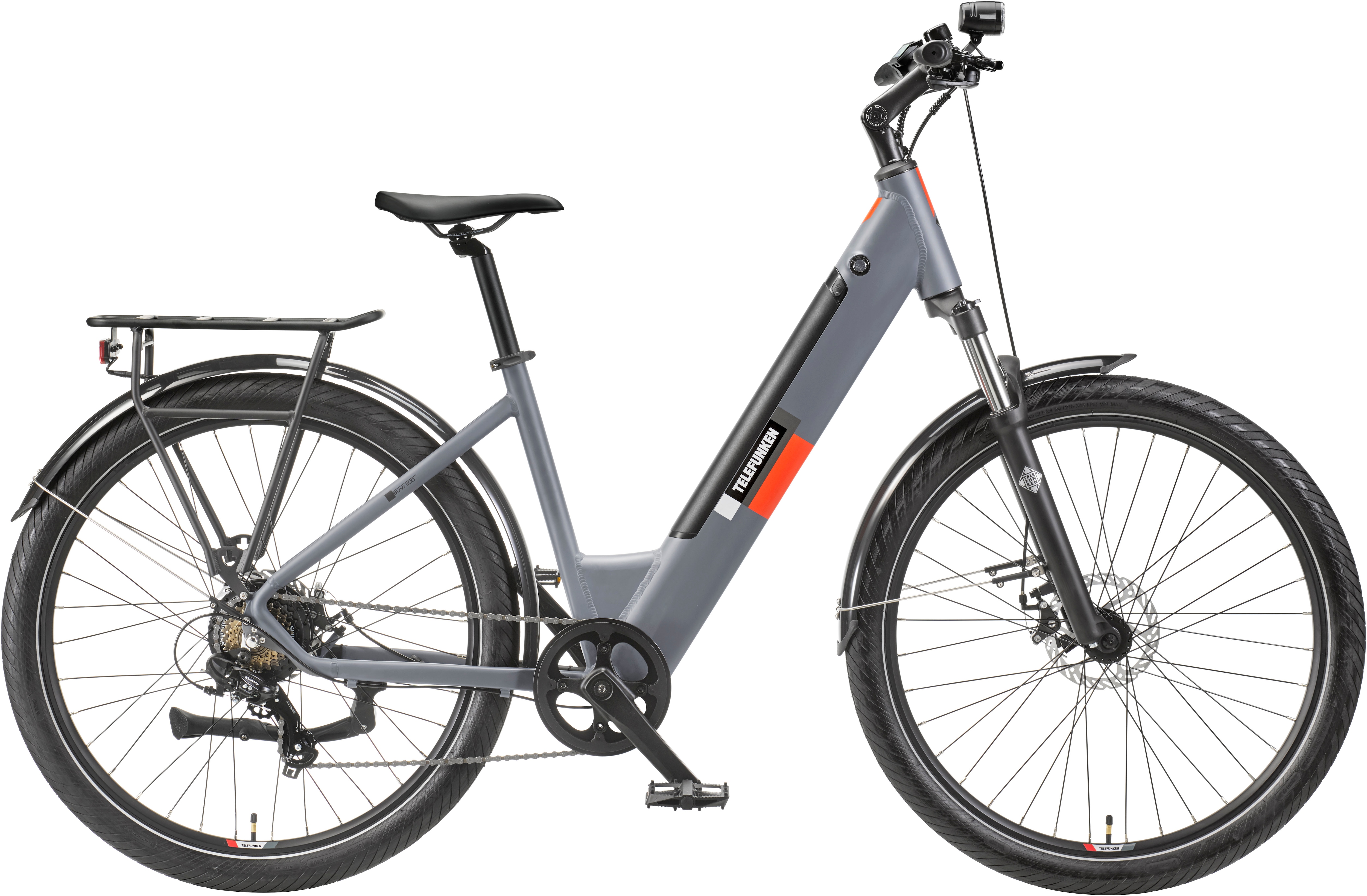 E-Bike TELEFUNKEN "E-City SUV300" Gr. 46, schwarz (basaltgrau, schwarz), Elektrofahrräder, 45,7cm, 27,5 Zoll (69,85cm), Pedelec, Elektrofahrrad, Damen u. Herren, innerhalb StVZO, 27,5 Zoll Image