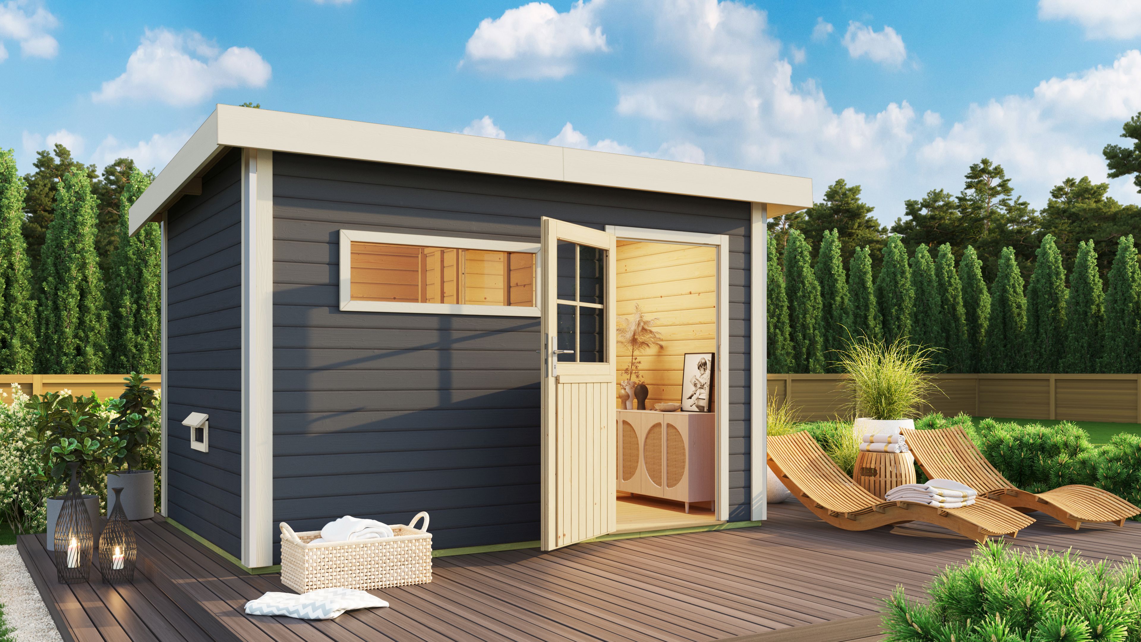 Saunahaus KARIBU "»Simon 3« mit klassischer Tür, terragrau", grau (terragrau), Saunaofen, externe Steuerung, (ohne Ofen), Saunen