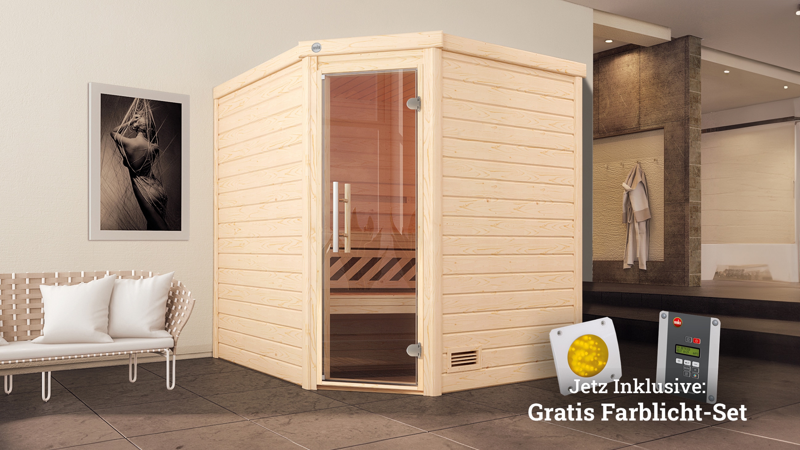 Sauna WEKA "Turku", beige (natur), Bio-Ofen, externe Steuerung, 7,5 kW, Saunen, 7,5 kW Bio-Ofen mit digitaler Steuerung