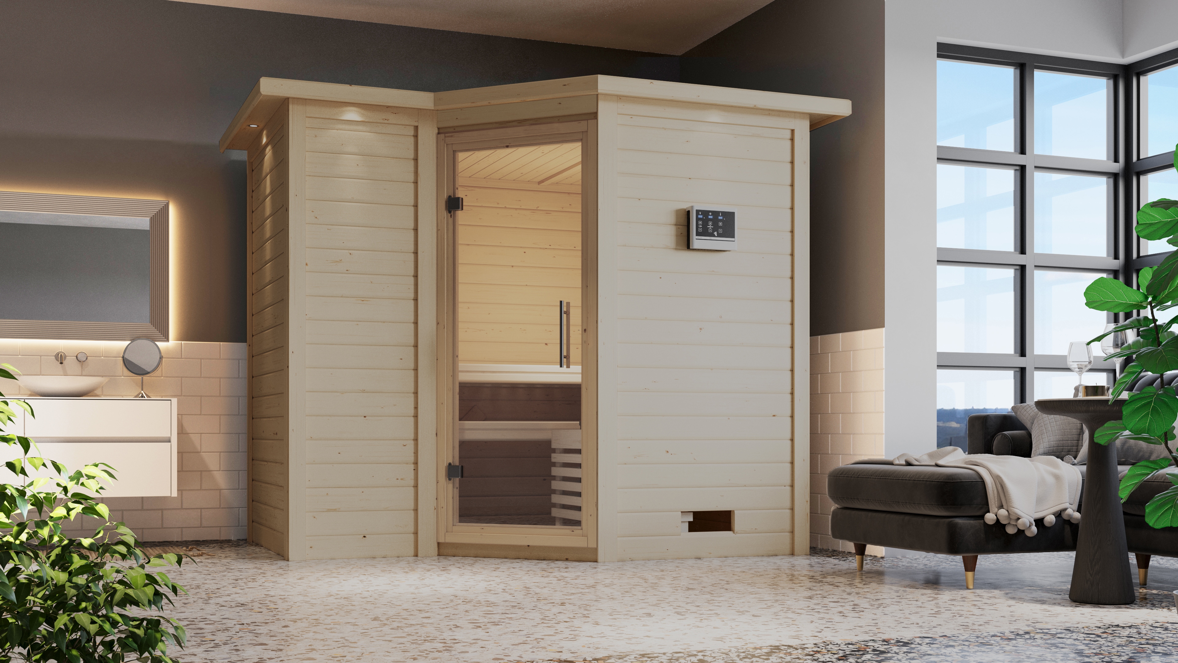 Sauna KARIBU "Sanna 2", beige (naturbelassen), ohne Ofen, (ohne Ofen), Saunen, ohne Ofen Image