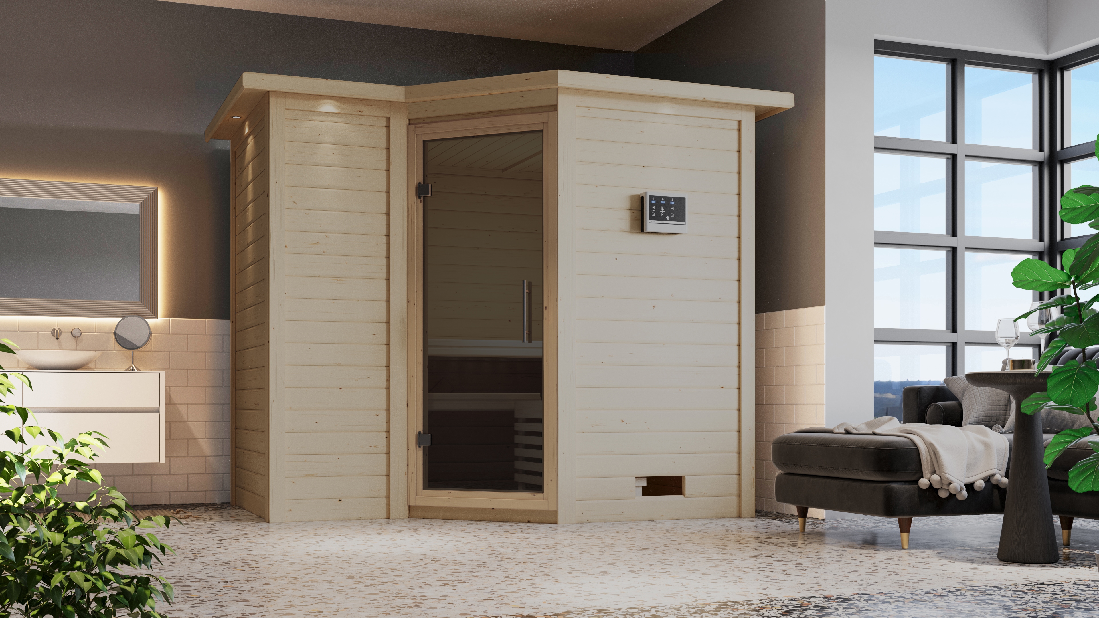 Sauna KARIBU "Sanna 2", beige (naturbelassen), Bio-Kombiofen, externe Steuerung, 9 kW, Saunen, 9-kW-Bio-Ofen mit externer Steuerung Image