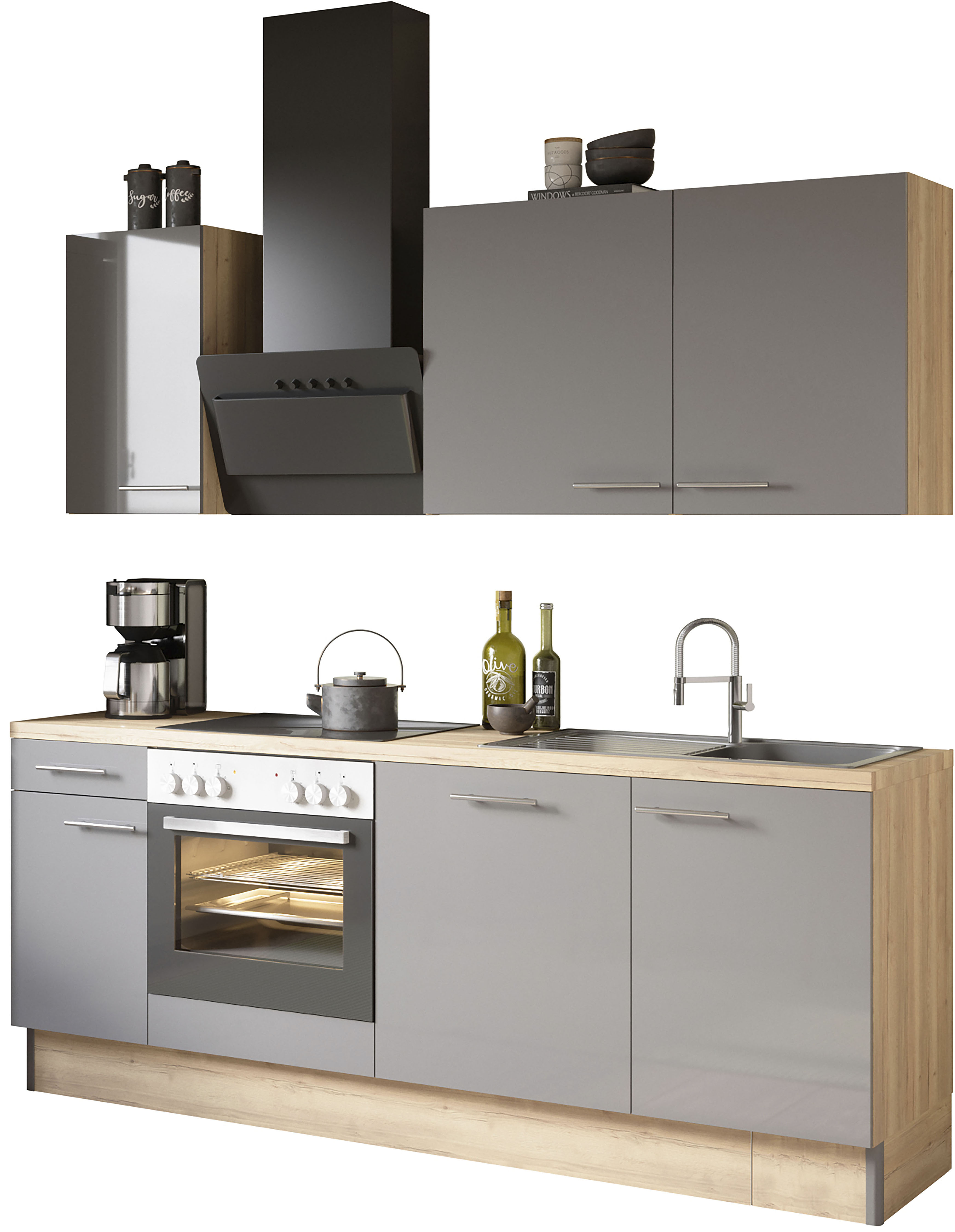 Küche OPTIFIT "Klara", grau (küche: grau, front: anthrazit lackiert, korpus: wildeichefarben, arbeitsplatte: wildeichefarben), B:210cm T:60cm, Komplettküchen-Sets, 210 cm breit