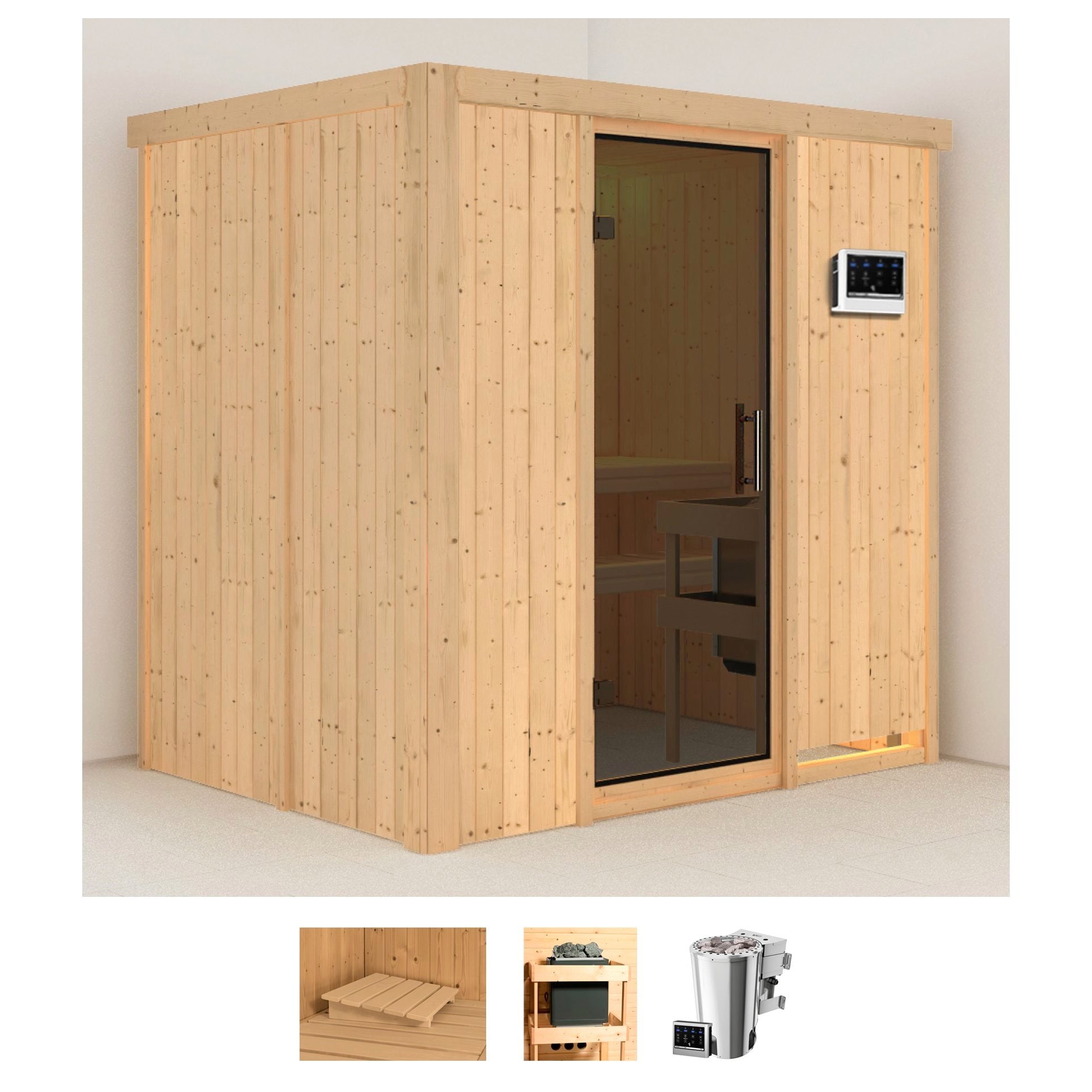 Sauna KARIBU "Finja", beige (naturbelassen), Bio-Kombiofen, externe Steuerung, 3,6 kW, Saunen, 3,6-kW-Bio-Plug & Play Ofen mit externer Steuerung Image