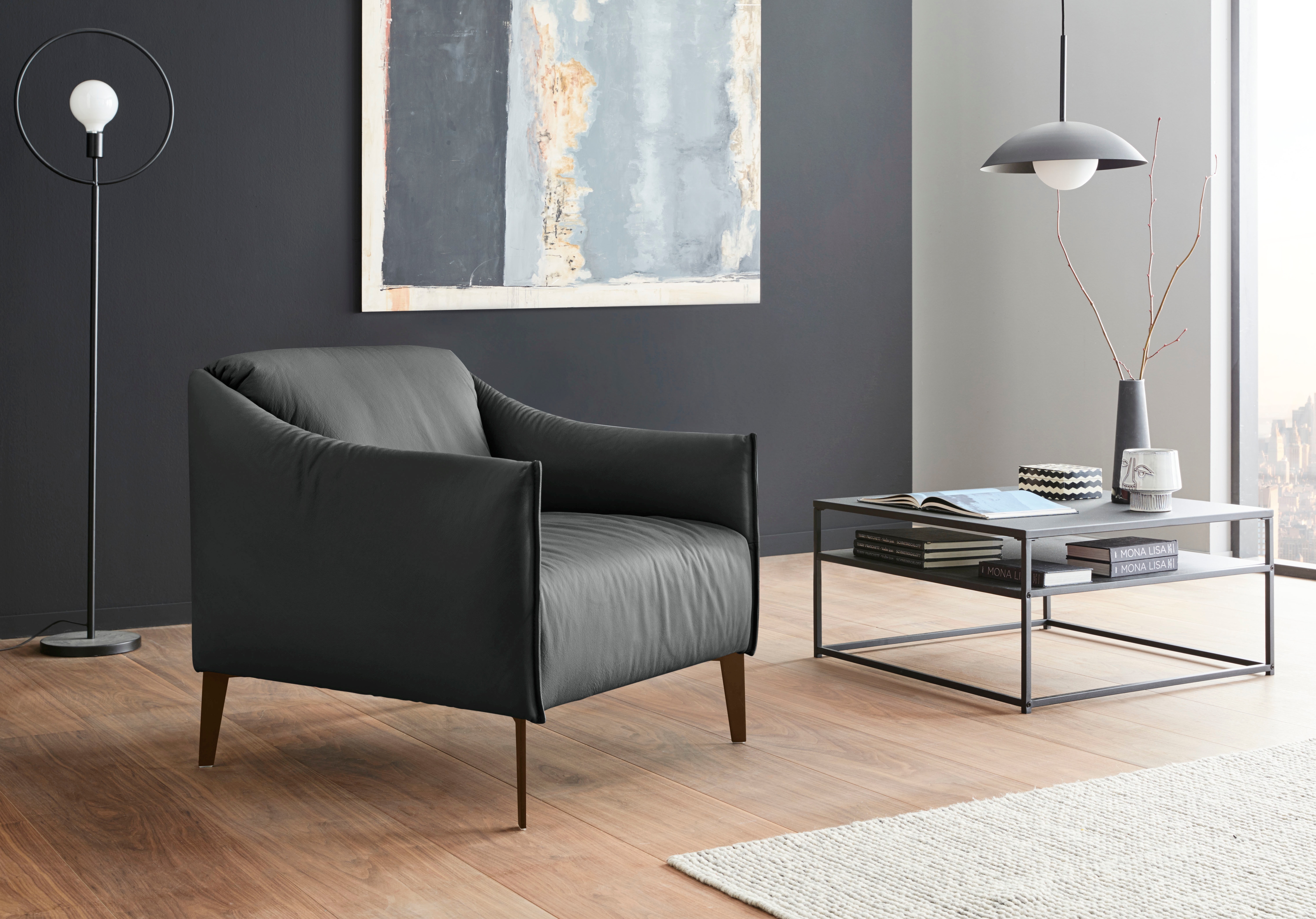 Cocktailsessel W.SCHILLIG "sally", grau (graphit z59), B:84cm H:78cm T:84cm, Longlife Xtra-Leder Z59: Glattleder mit modischer Prägung. Hautstärke 0, 9 - 1, 1 mm., Sessel, Cocktailsessel, mit Metall-Winkelfüßen in Bronze pulverbeschichtet