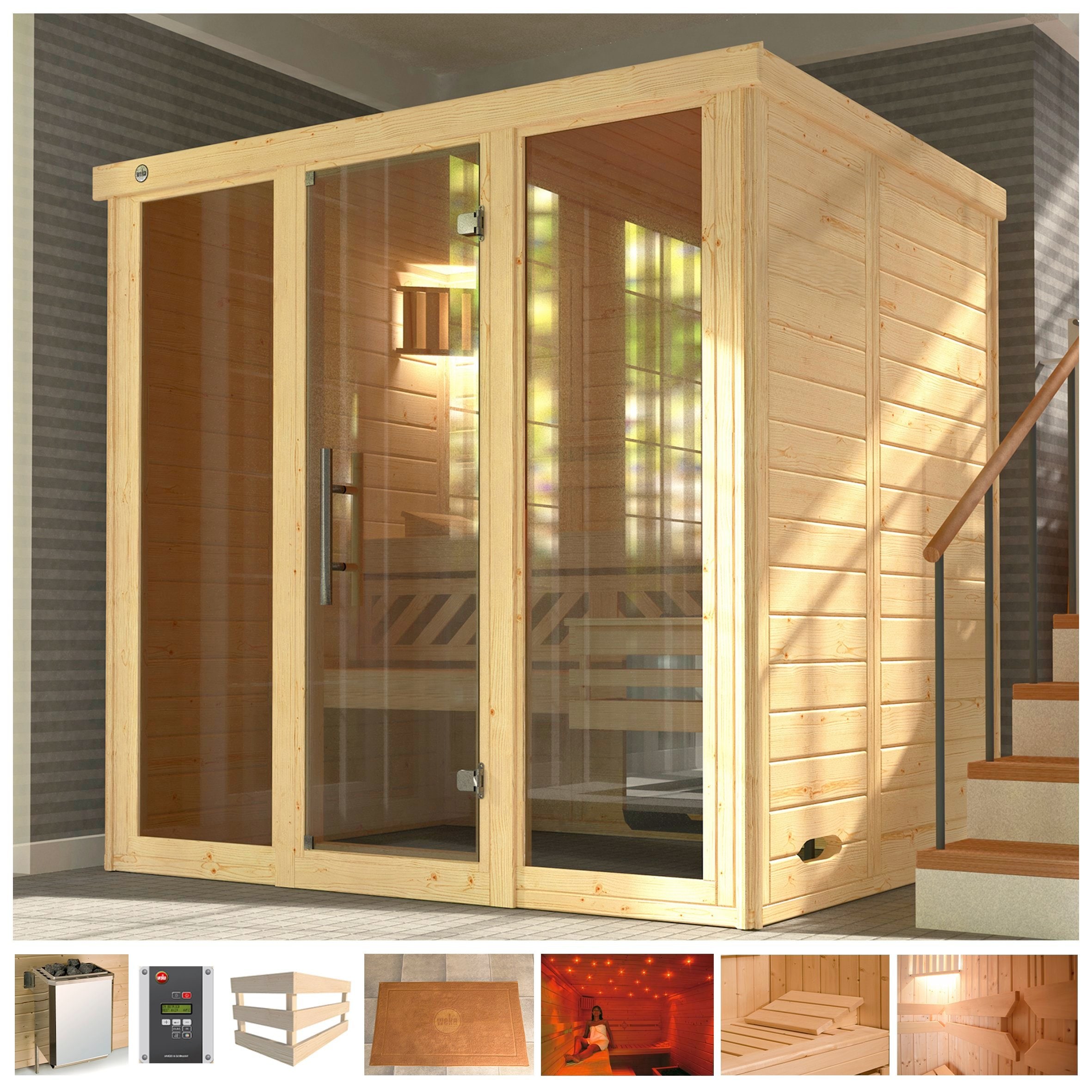 Sauna WEKA "Kemi Panorama", beige (naturbelassen), Bio-Kombiofen, externe Steuerung, 7,5, Saunen, 7,5 kW Bio-Ofen mit ext. Steuerung Image