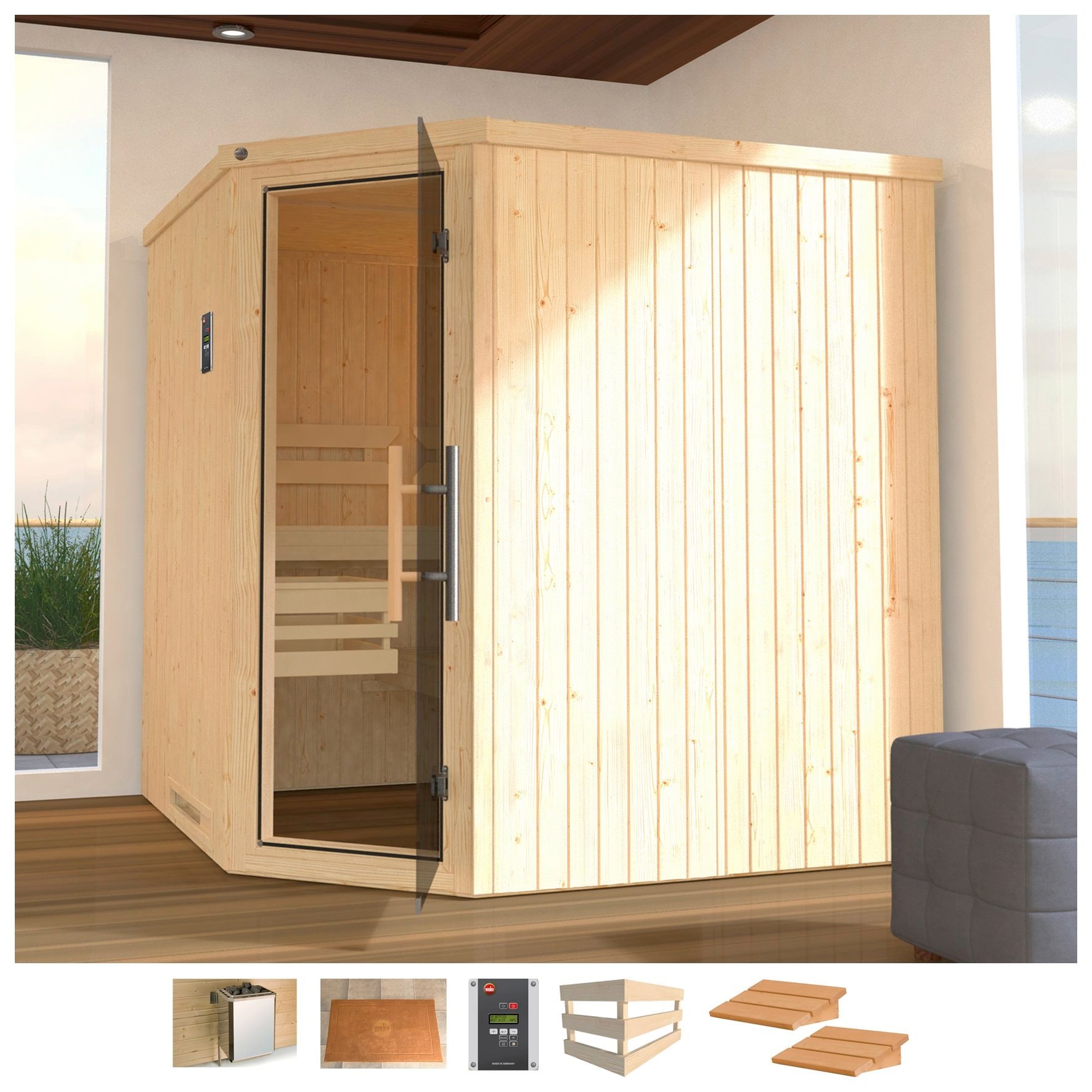 Sauna WEKA "Varberg 3", beige (natur), Saunaofen, externe Steuerung, 7,5 kW, Saunen, 7,5 kW Ofen mit ext. Steuerung Image