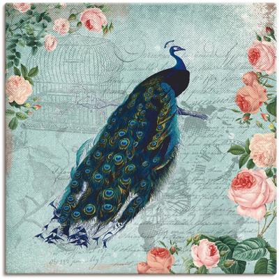 Leinwandbild ARTLAND "Vintage Rosen und Pfau Illustration", blau (farbe bild(er): blau), B:70cm H:70cm T:1,8cm, Canvas, Leinwand, Bilder, auf Keilrahmen gespannt Image