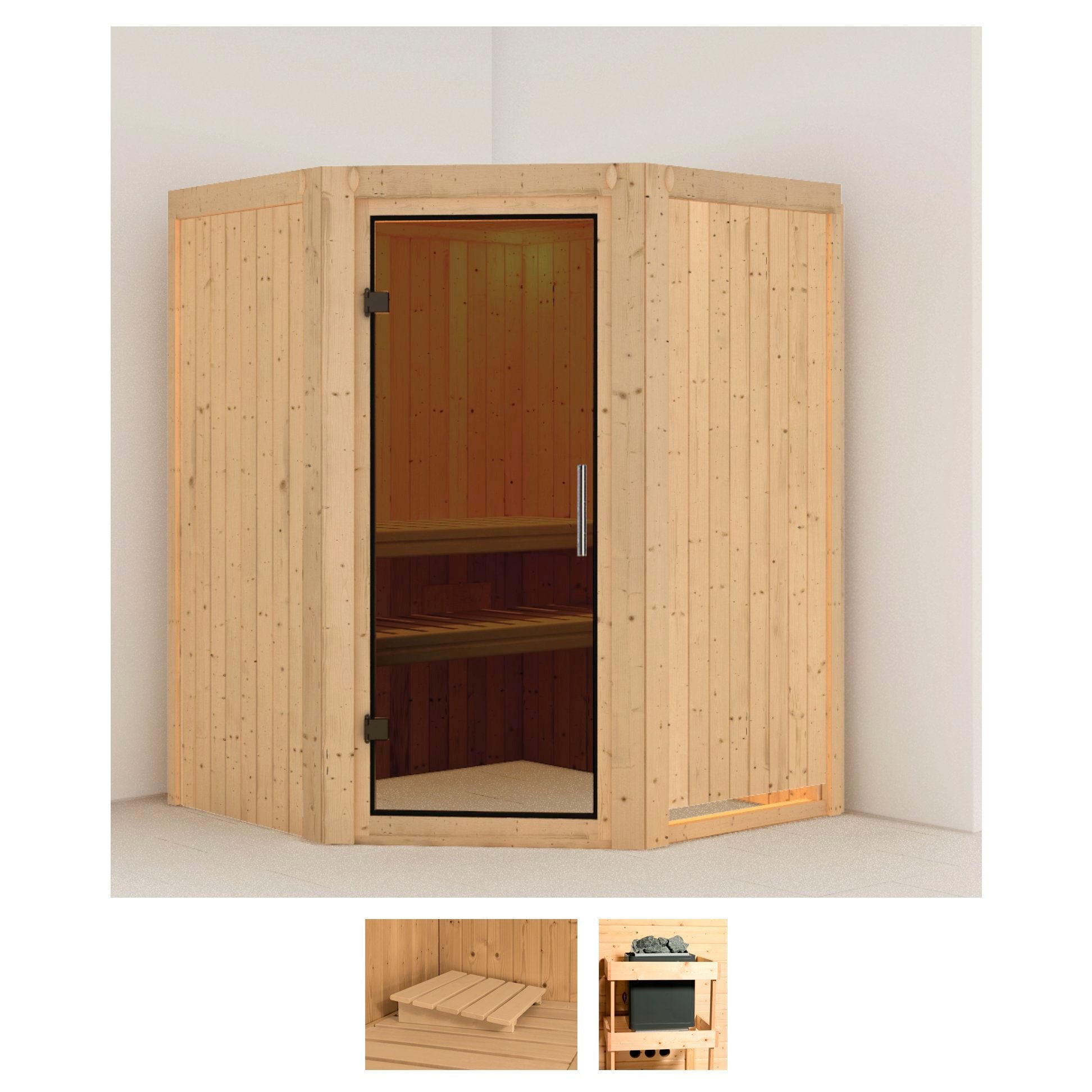 Sauna KARIBU "Larin", beige (naturbelassen), ohne Ofen, (ohne Ofen), Saunen, ohne Ofen Image