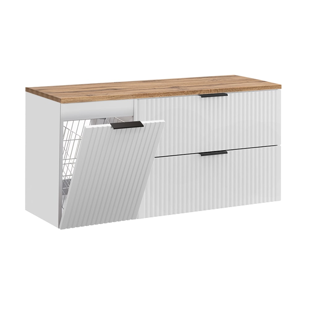 Meuble sous-vasque panier à linge stratifiés blanc et beige