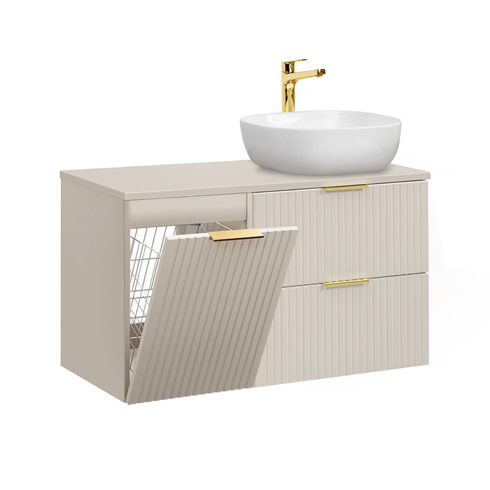 Meuble vasque panier à linge stratifiés beige