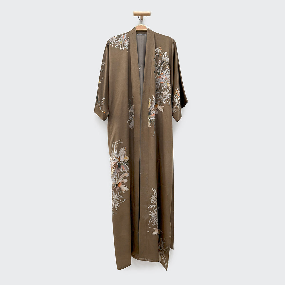 KIM+ONO Kimono Robe | Washable Silk Yuri Long Kimono Robe | Washable Silk | Mocha | Long