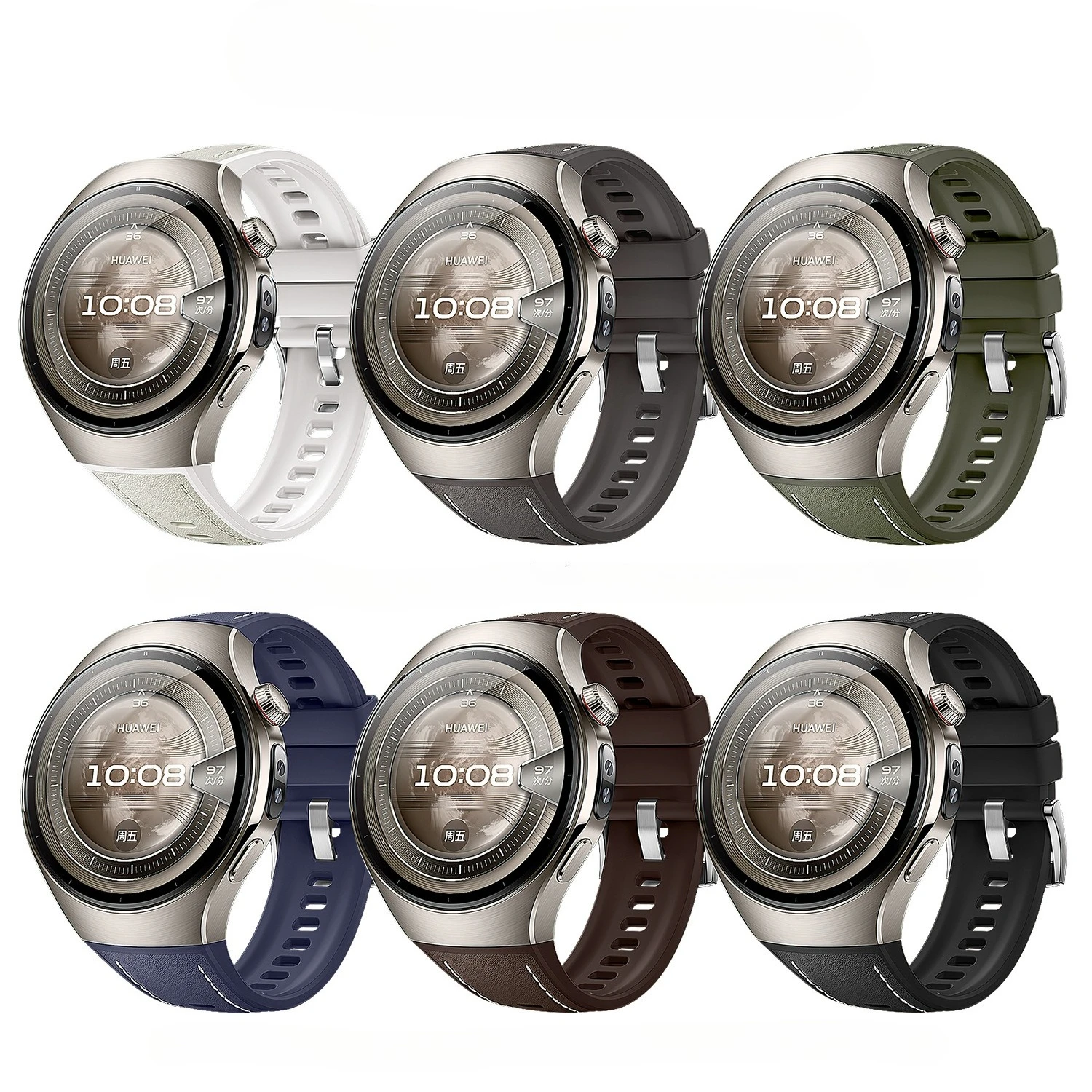 Silikon- und Lederarmband für Huawei Watch 5, atmungsaktives Silikonfurnier-Uhrenarmband mit Dornschließe aus Verbundwerkstoff Image