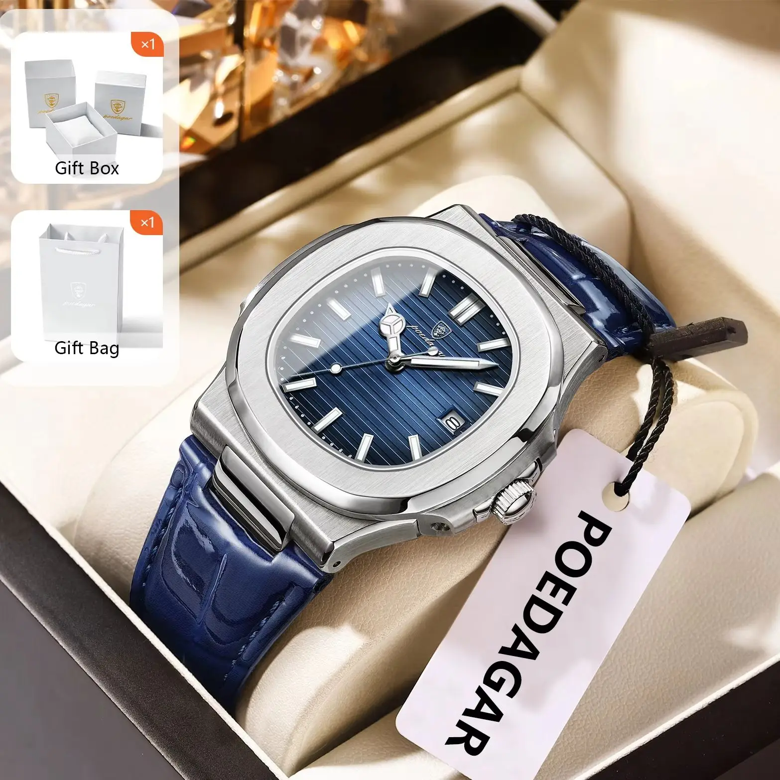 POEDAGAR Original Platz Mann Uhr Wasserdicht Leucht Datum Männer Uhr Leder Casual Luxus Quarz herren Uhren + Box Reloj geschenk Image