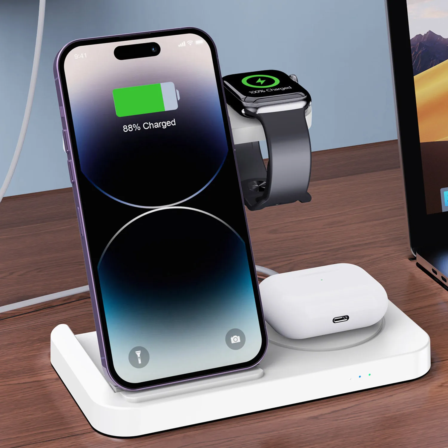Faltbares 4-in-1-Wireless-Ladegerät Dock Desktop-Ladegerät für iPhone 16 15 14 13 12 Pro Max iWatch 10 ~ 2 SE AirPods Pro Schnellladung Image