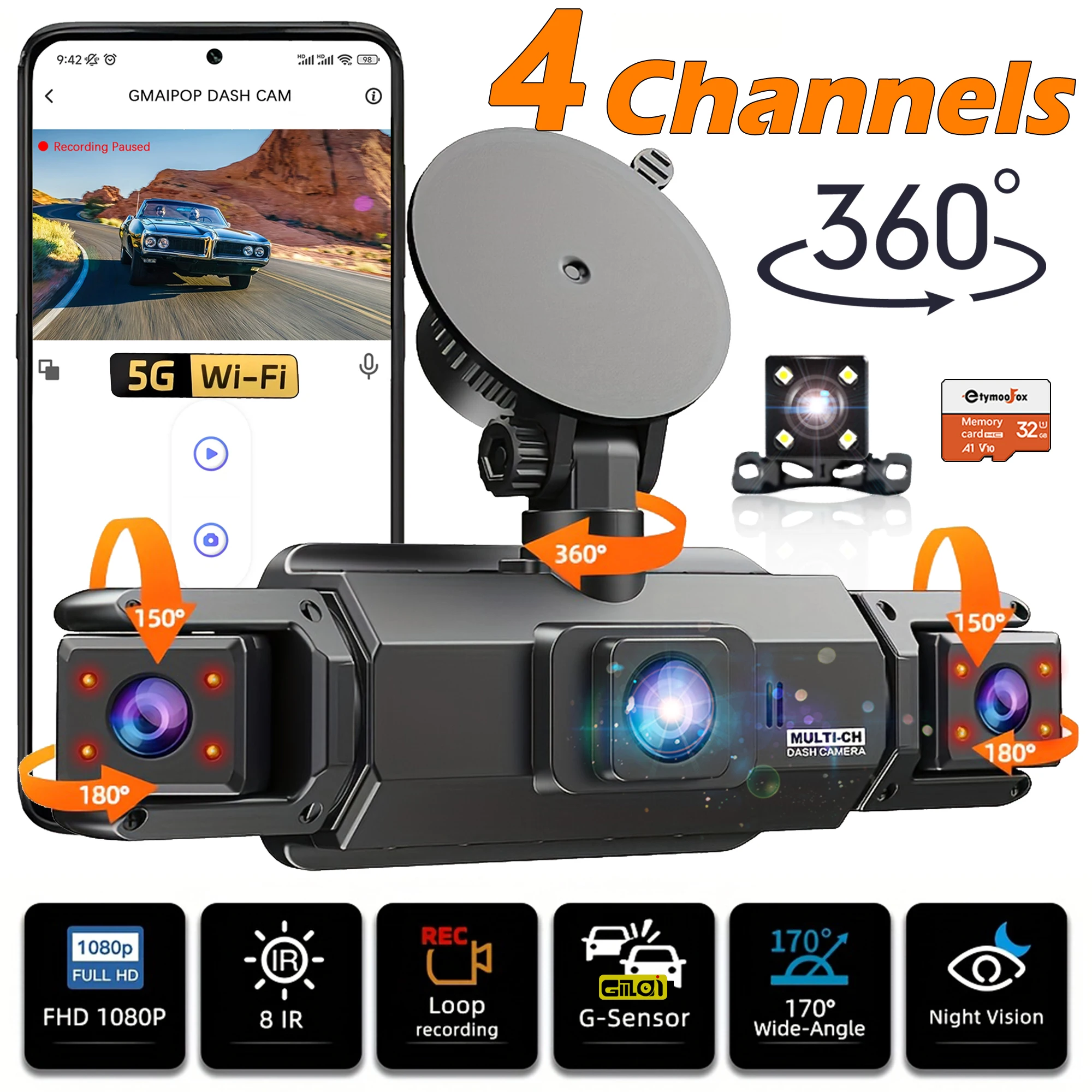 Auto 4 Kanäle Armaturenbrett 360 ° WIFI Video Recorder Auto DVR Aufnahme Kamera 1080P Vorne links rechts Hinten Black Box 24H Parkplatz Auto Teile Image