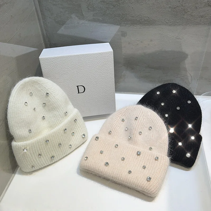 Neue Luxus Strass Perlen Gestrickte Hut Koreanische Frauen Kaninchen Fell Wolle Skullies Kappe Winter Mode Verdickt Warme Motorhaube Beaniees Image