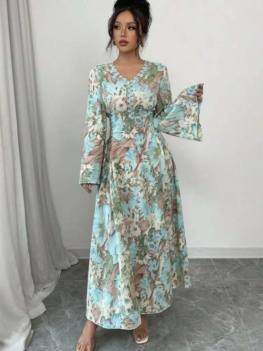 Eid Floral Party Kleid Frauen Muslimischen Abaya V-ausschnitt Flare Hülse Jalabiya Ramadan Lange Kleider Vestidos Largo Kaftan Arabischen Lange Robe Image