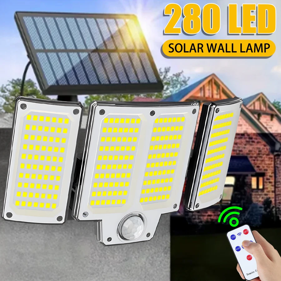 280-LED-Solar-Wandleuchten für den Außenbereich, Bewegungsmelder, Solar-Flut-Straßenlaterne mit verstellbarem Beleuchtungskopf für Straßengärten Image